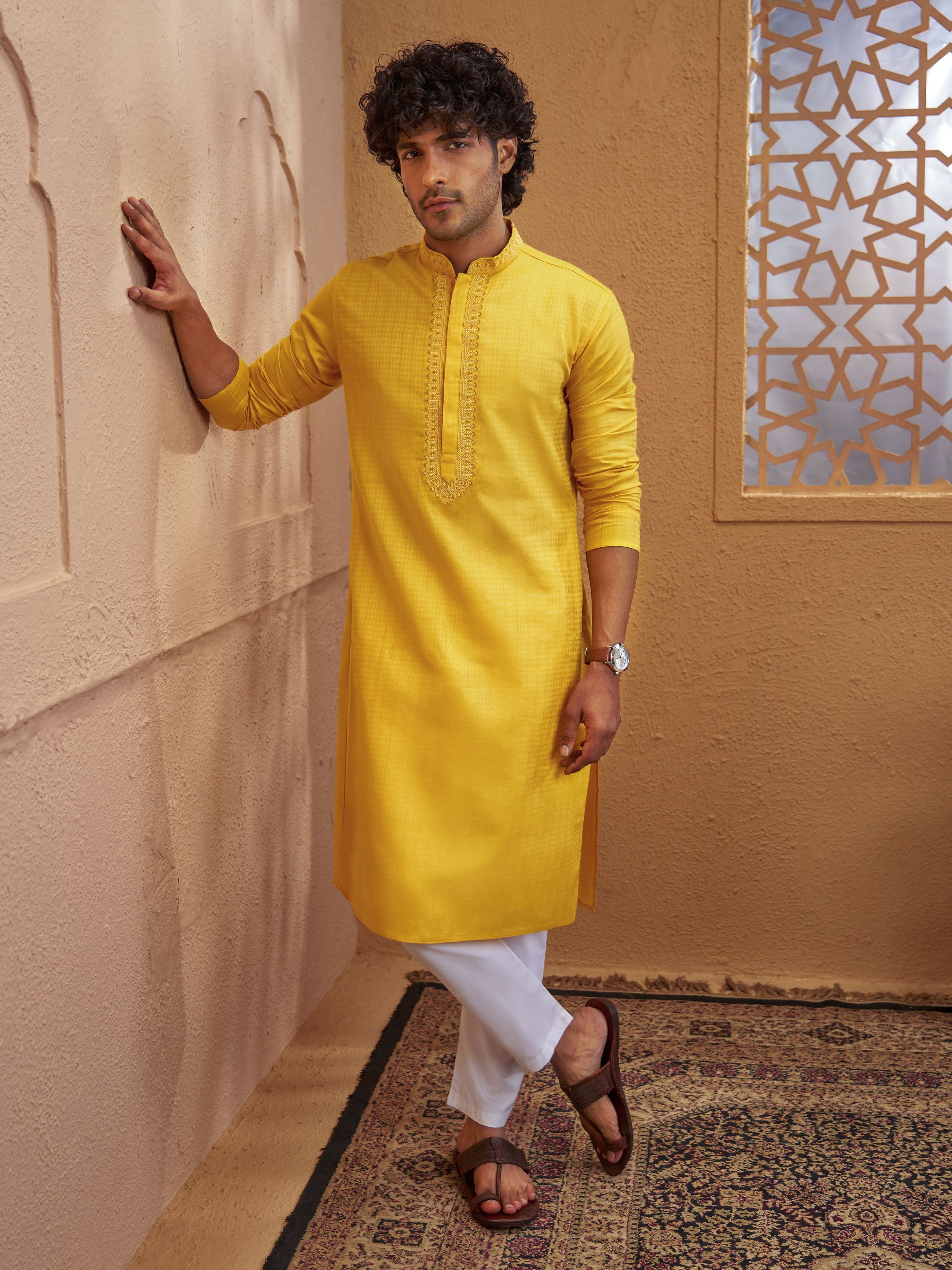 Men's Mustard Cotton-Blend Self Design Thigh Length Long Kurta