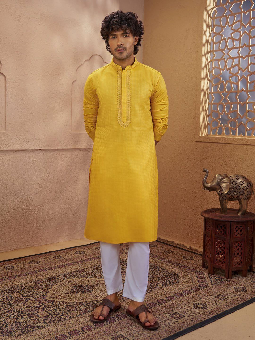 Men Mustard Cotton Jacquard Embroidered Kurta with White Aligarh Pyjama Set