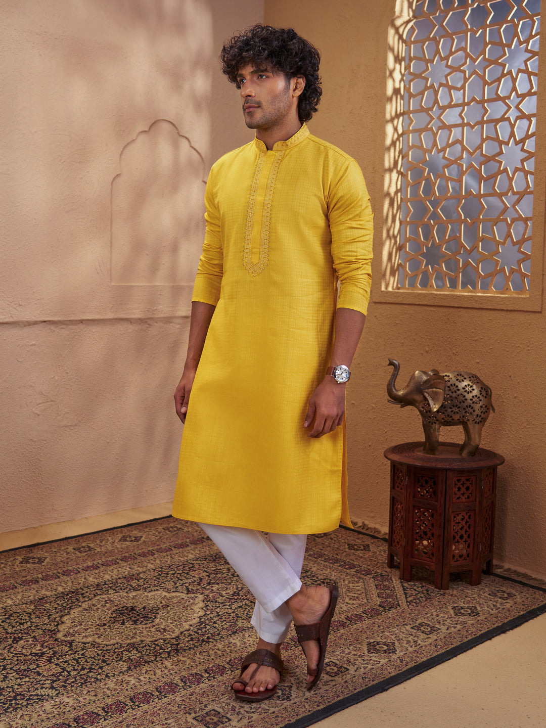 Men Mustard Cotton Jacquard Embroidered Kurta with White Aligarh Pyjama Set