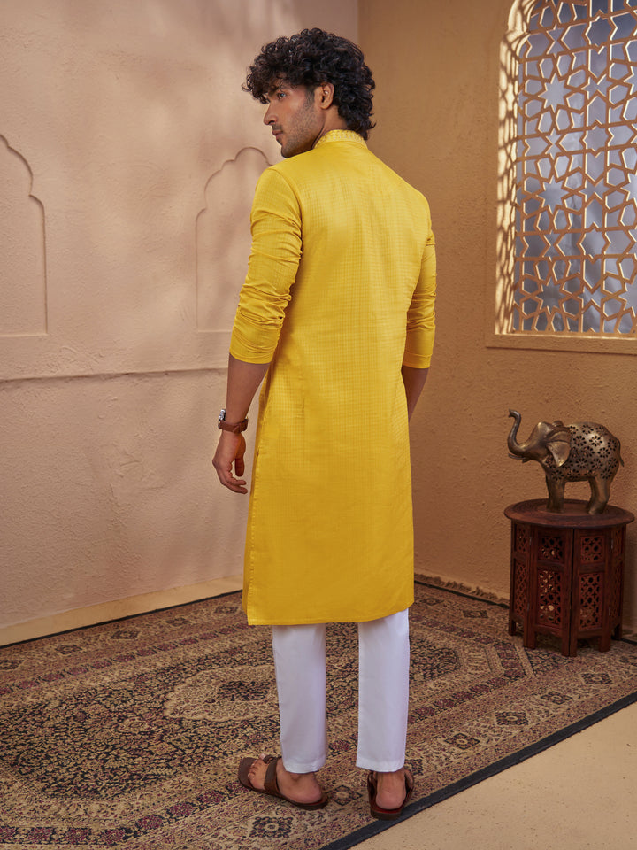 Men Mustard Cotton Jacquard Embroidered Kurta with White Aligarh Pyjama Set
