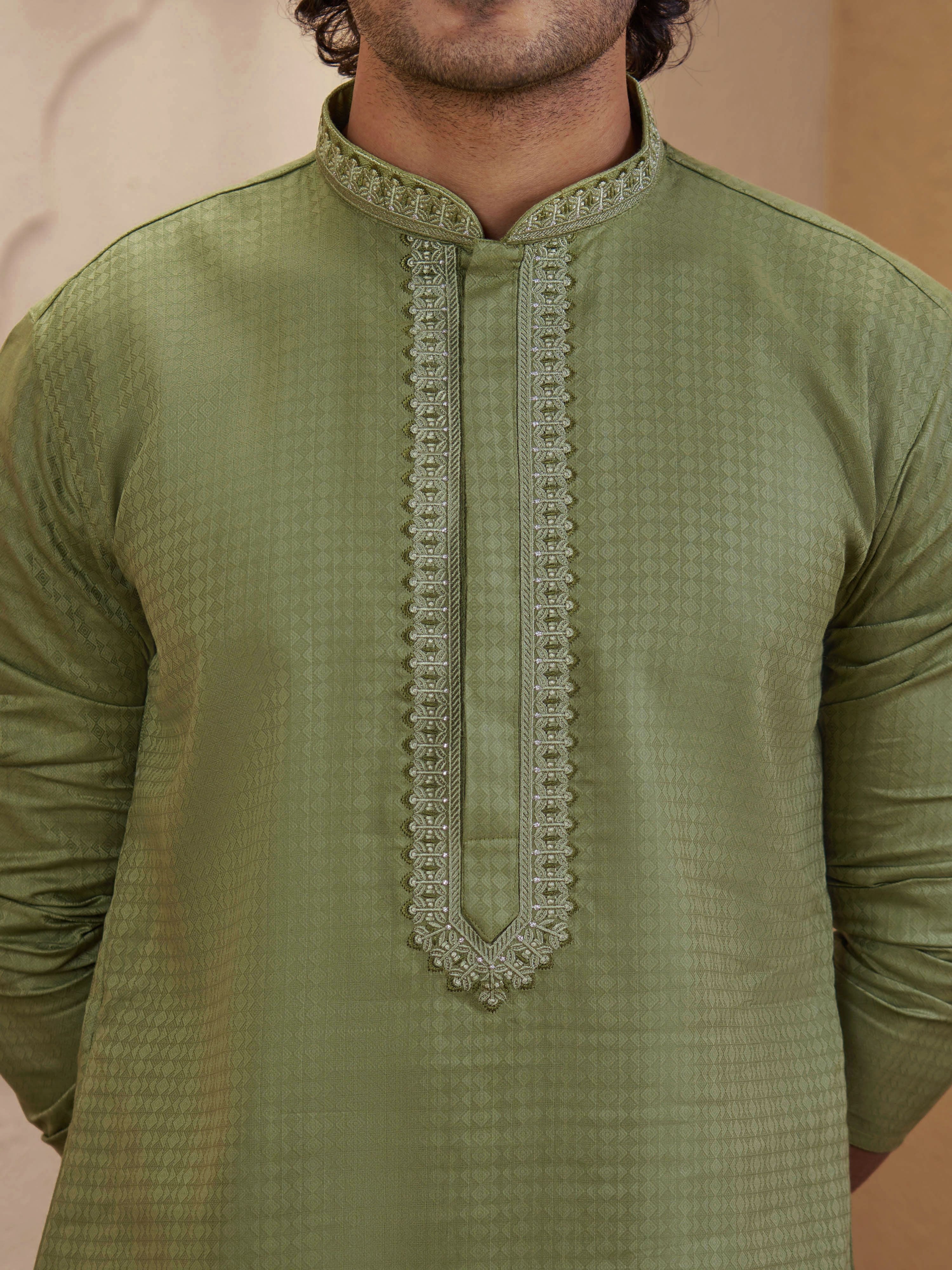 Men's Mint Cotton-Blend Self Design Thigh Length Long Kurta
