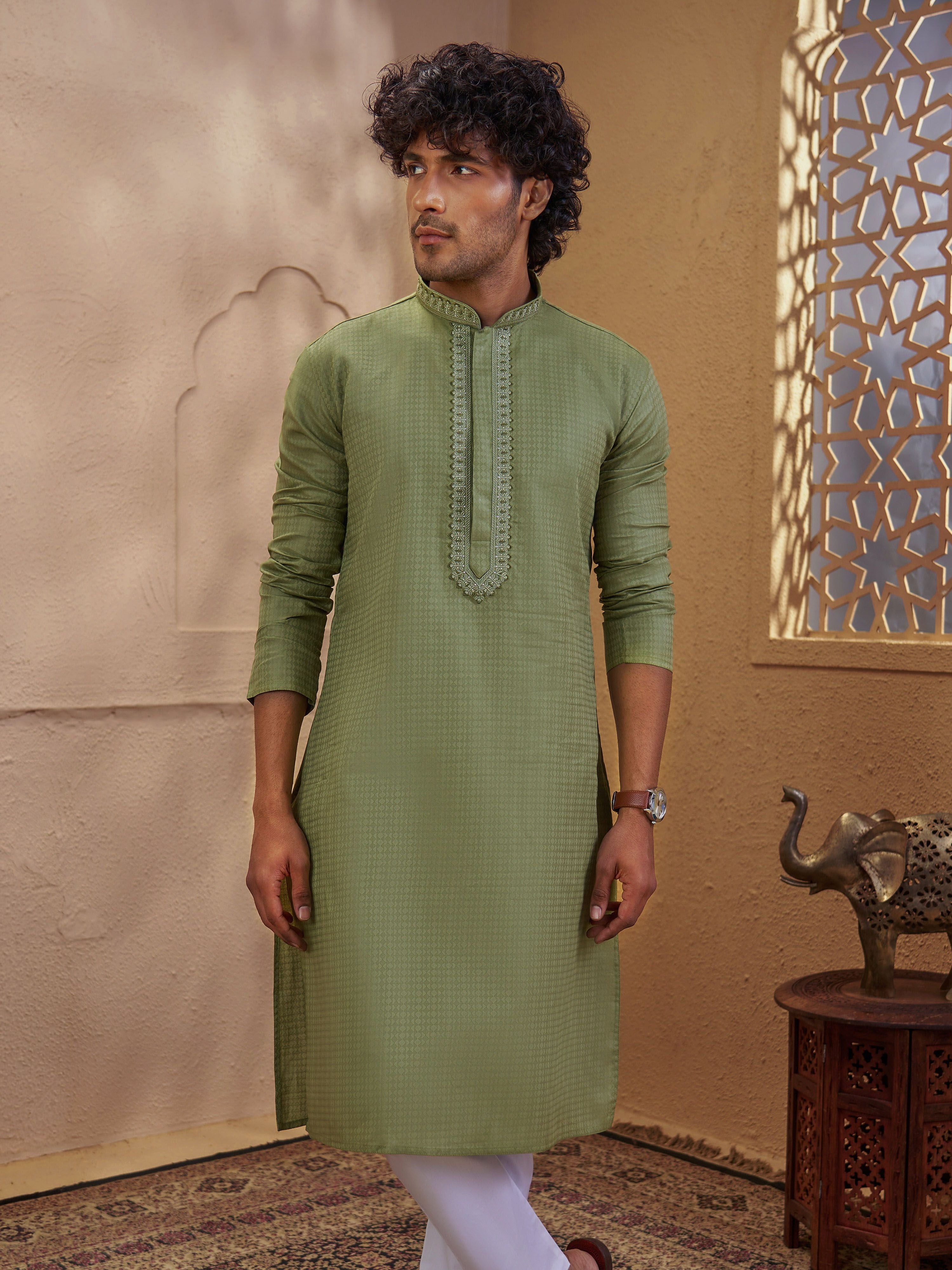 Men's Mint Cotton-Blend Self Design Thigh Length Long Kurta