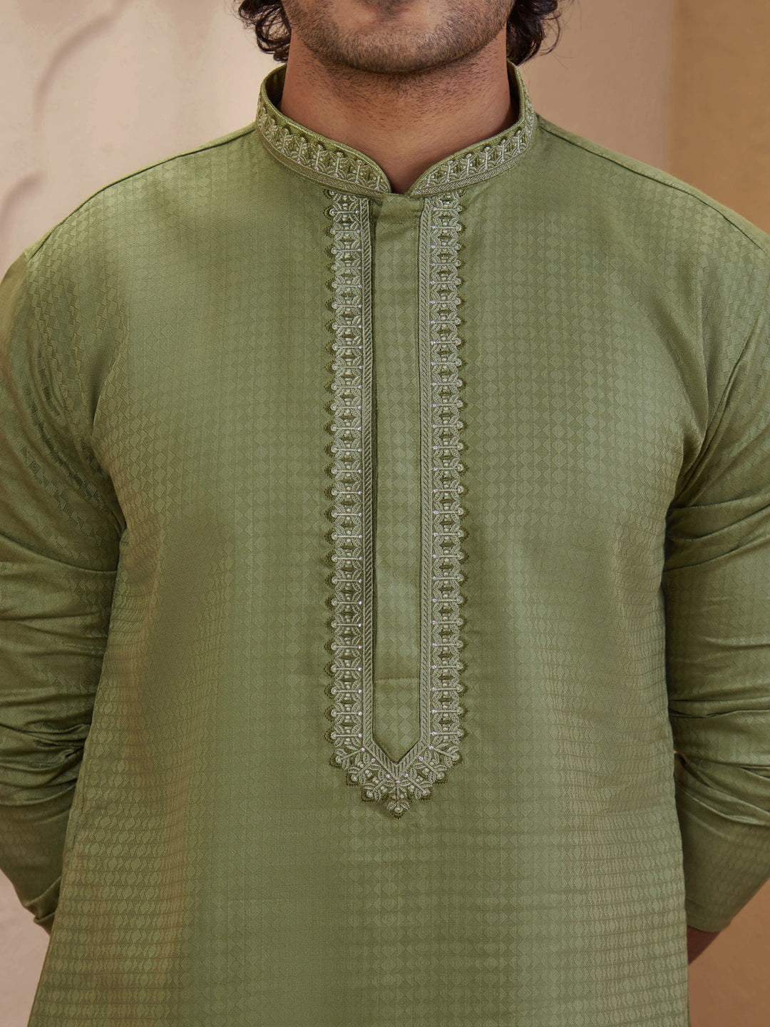 Men Mint Green Cotton Jacquard Embroidered Kurta with White Aligarh Pyjama Set