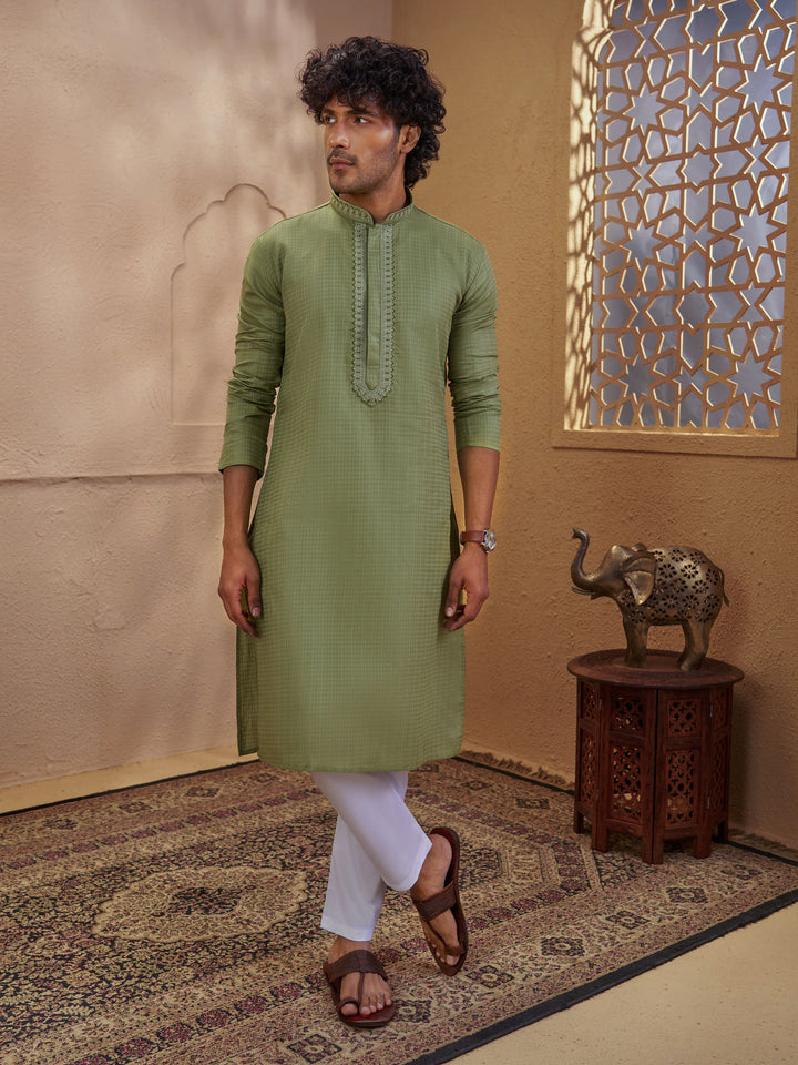 Men Mint Green Cotton Jacquard Embroidered Kurta with White Aligarh Pyjama Set
