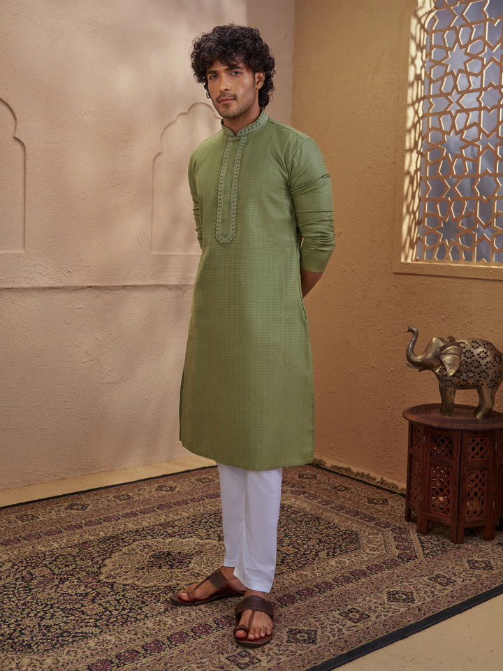 Men Mint Green Cotton Jacquard Embroidered Kurta with White Aligarh Pyjama Set