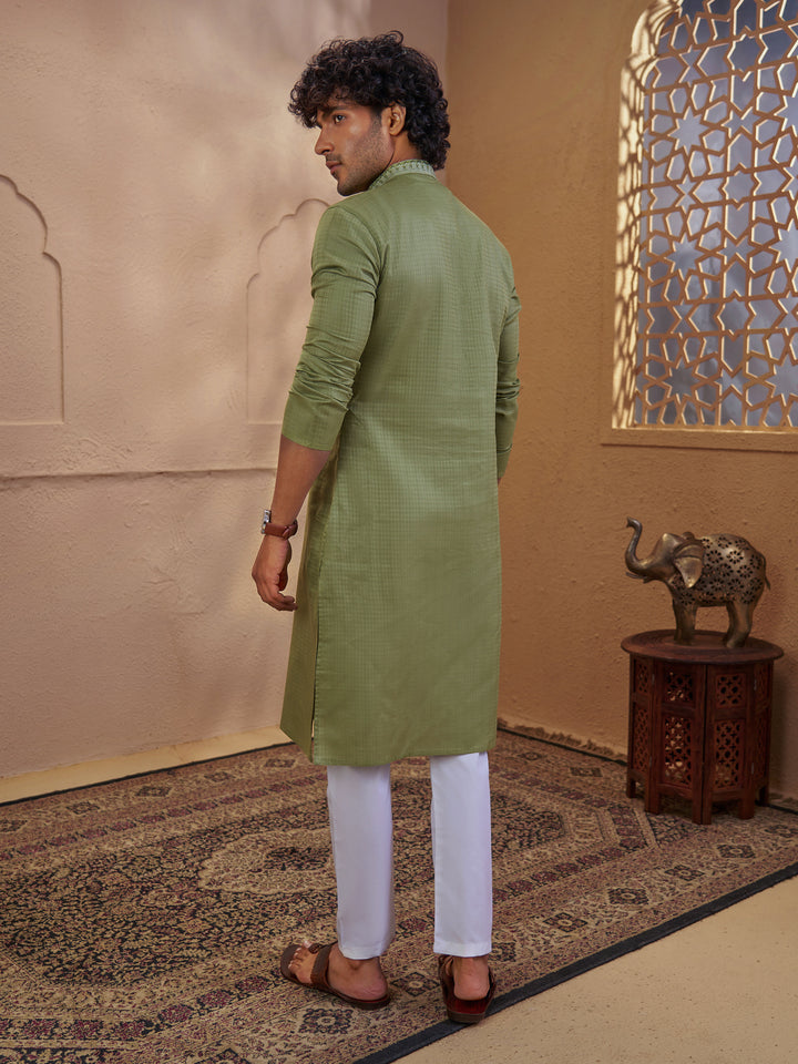 Men Mint Green Cotton Jacquard Embroidered Kurta with White Aligarh Pyjama Set