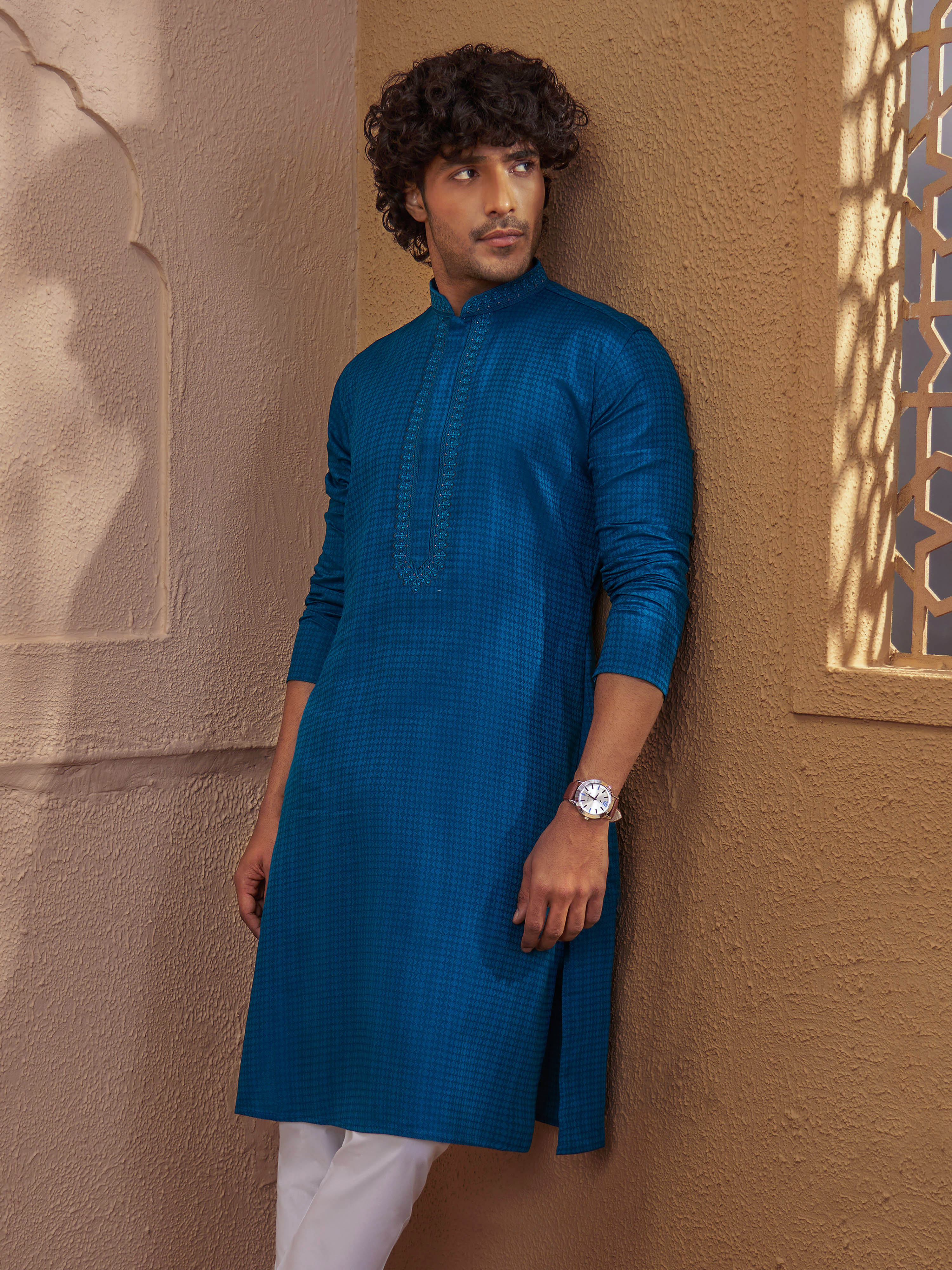 Men's Turquoise Cotton-Blend Self Design Thigh Length Long Kurta