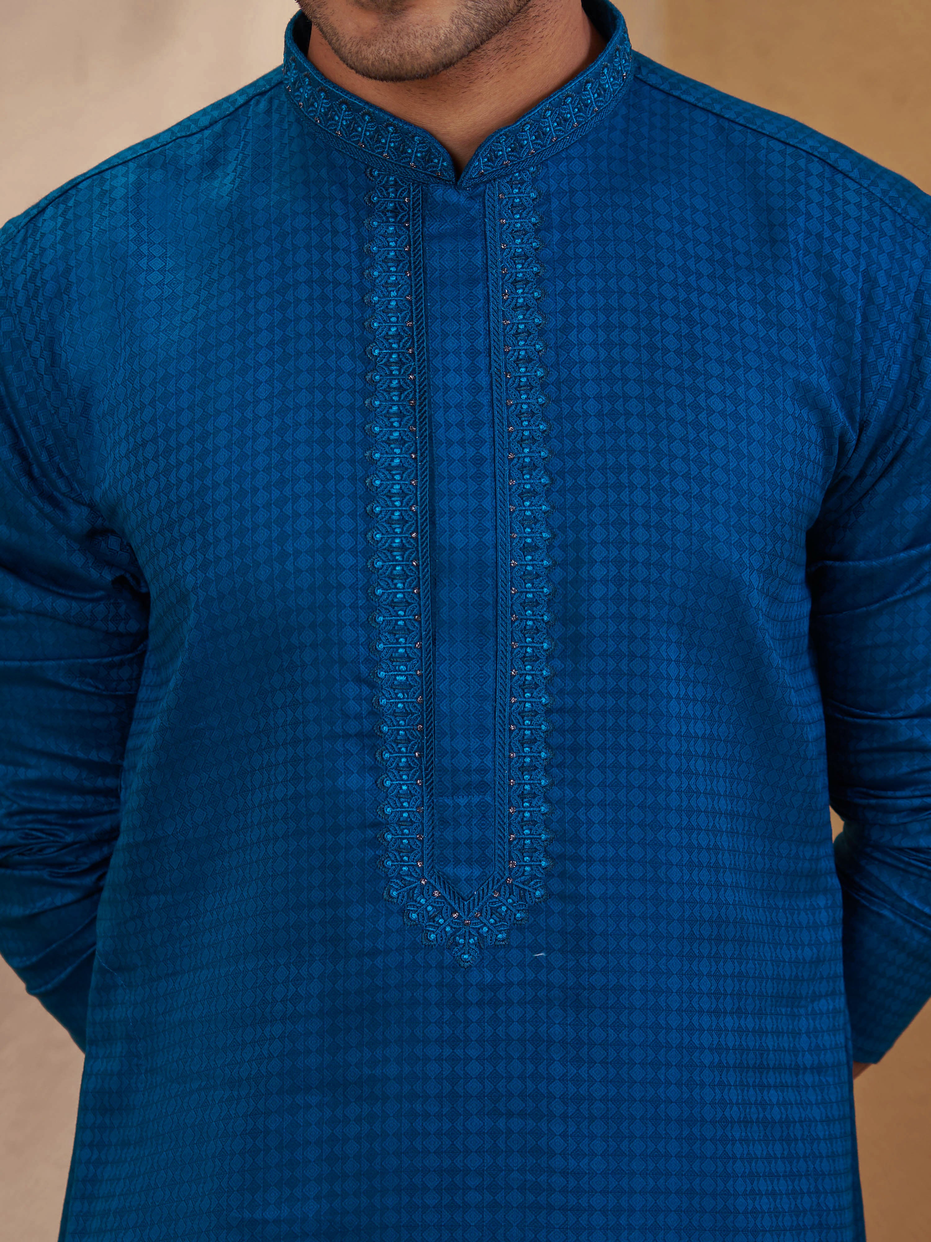 Men's Turquoise Cotton-Blend Self Design Thigh Length Long Kurta