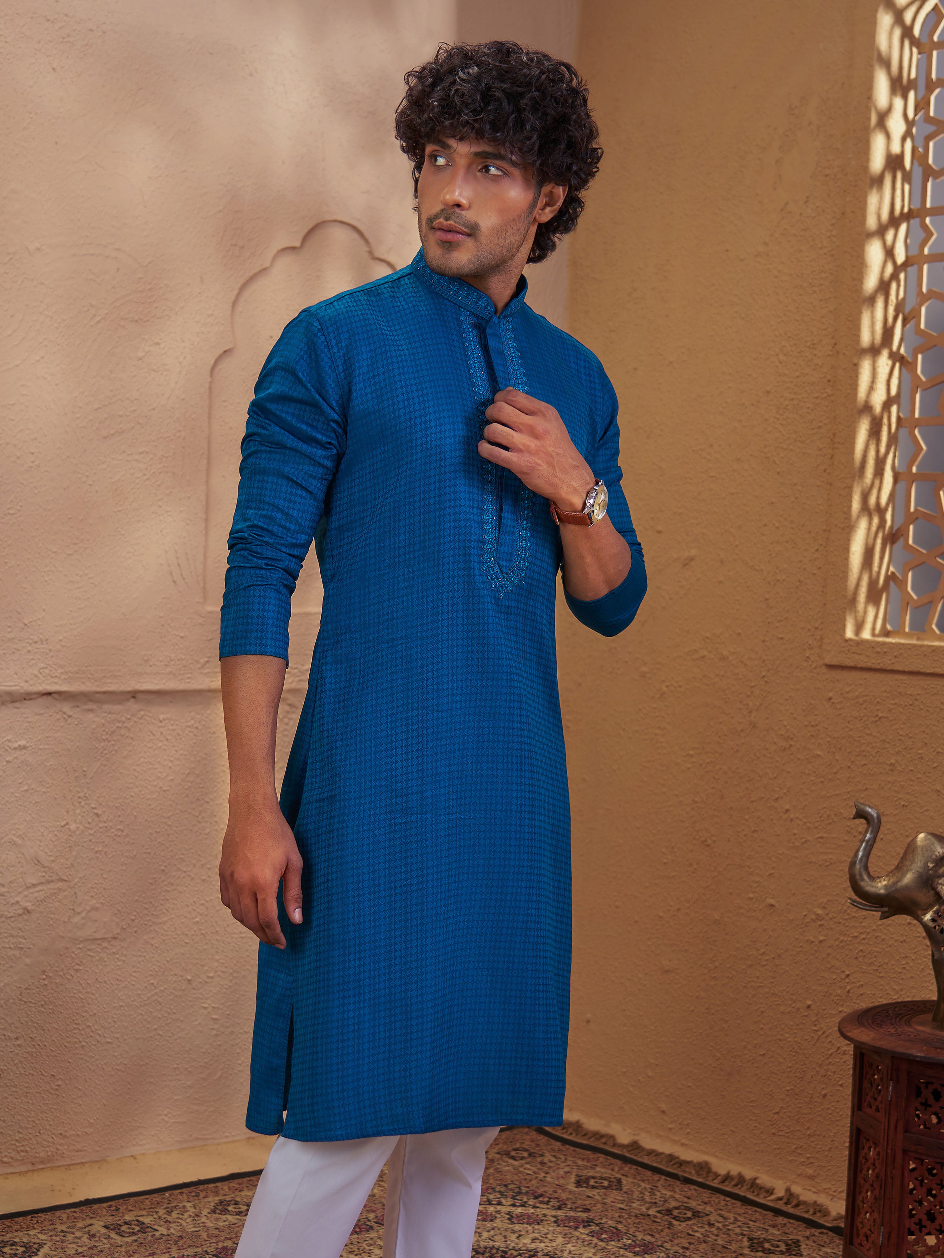 Men's Turquoise Cotton-Blend Self Design Thigh Length Long Kurta