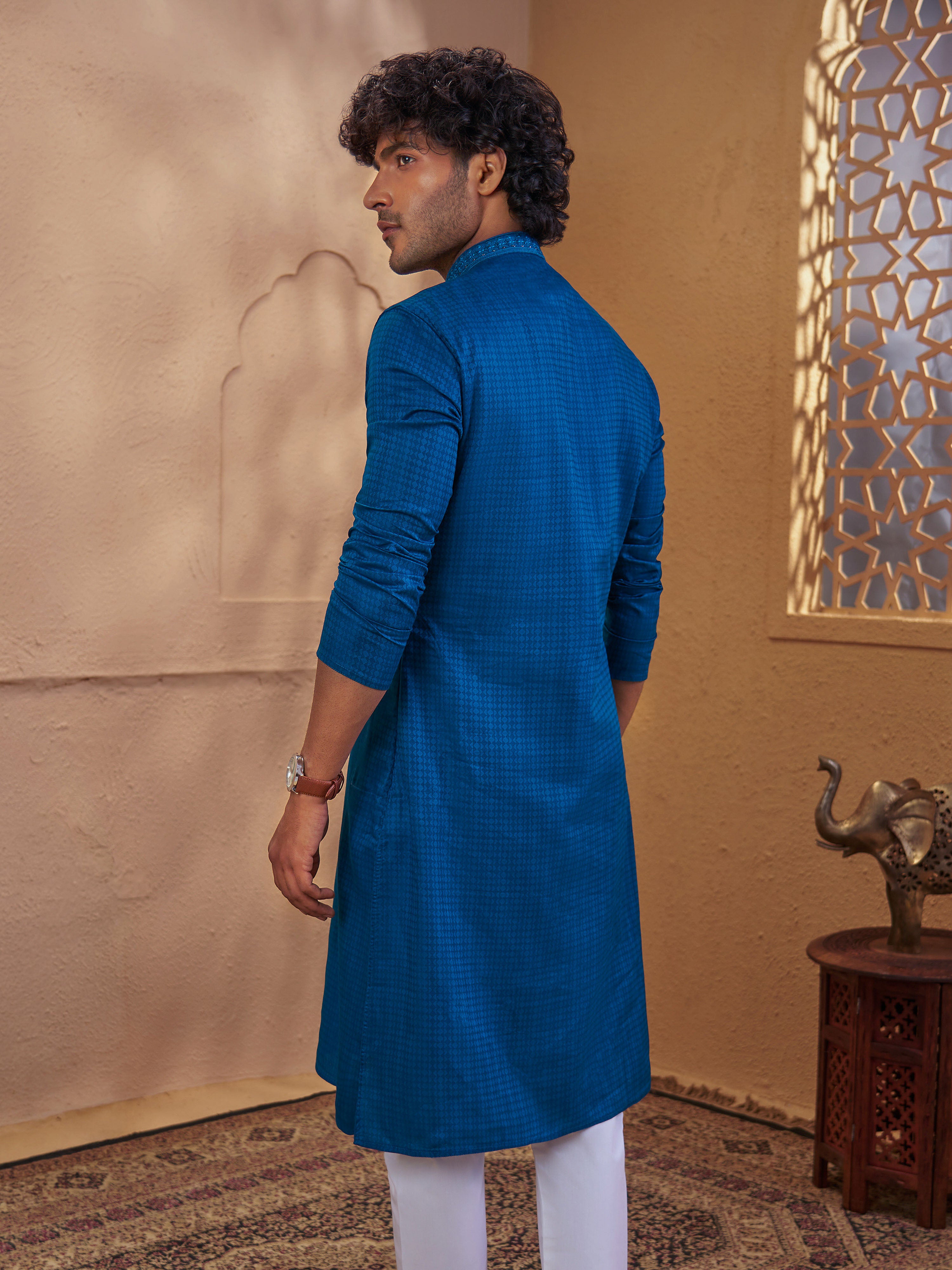 Men's Turquoise Cotton-Blend Self Design Thigh Length Long Kurta