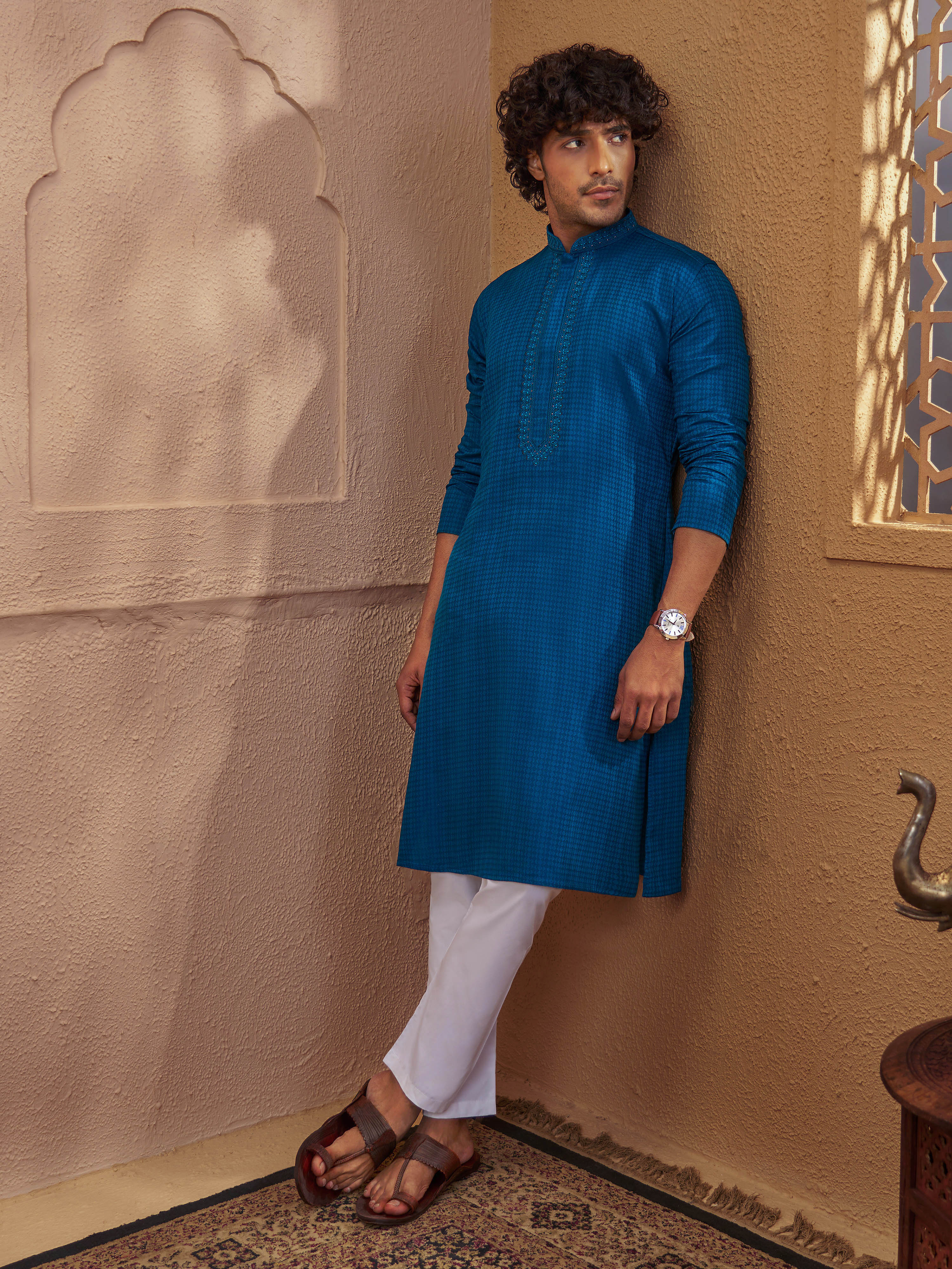 Men's Turquoise Cotton-Blend Self Design Thigh Length Long Kurta