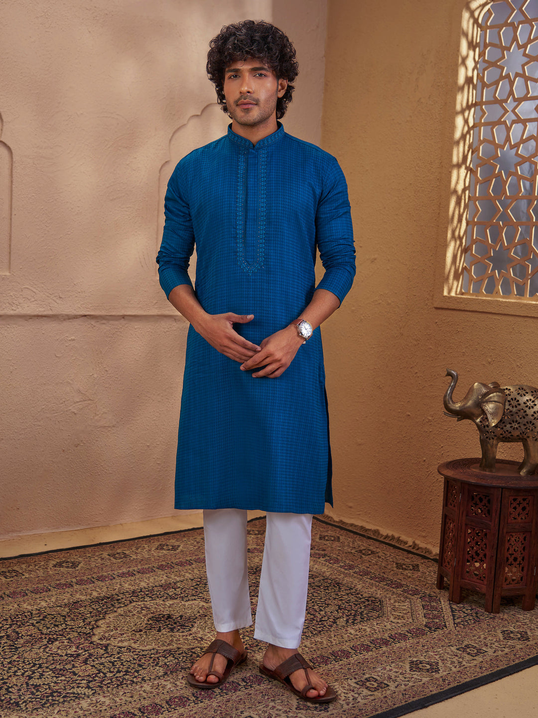 Men Turquoise Green Cotton Jacquard Embroidered Kurta with White Aligarh Pyjama Set