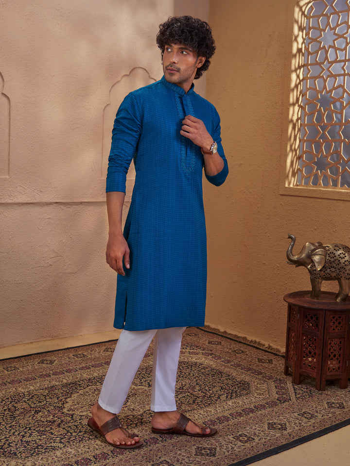 Men Turquoise Green Cotton Jacquard Embroidered Kurta with White Aligarh Pyjama Set