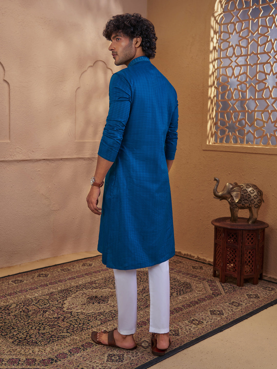 Men Turquoise Green Cotton Jacquard Embroidered Kurta with White Aligarh Pyjama Set