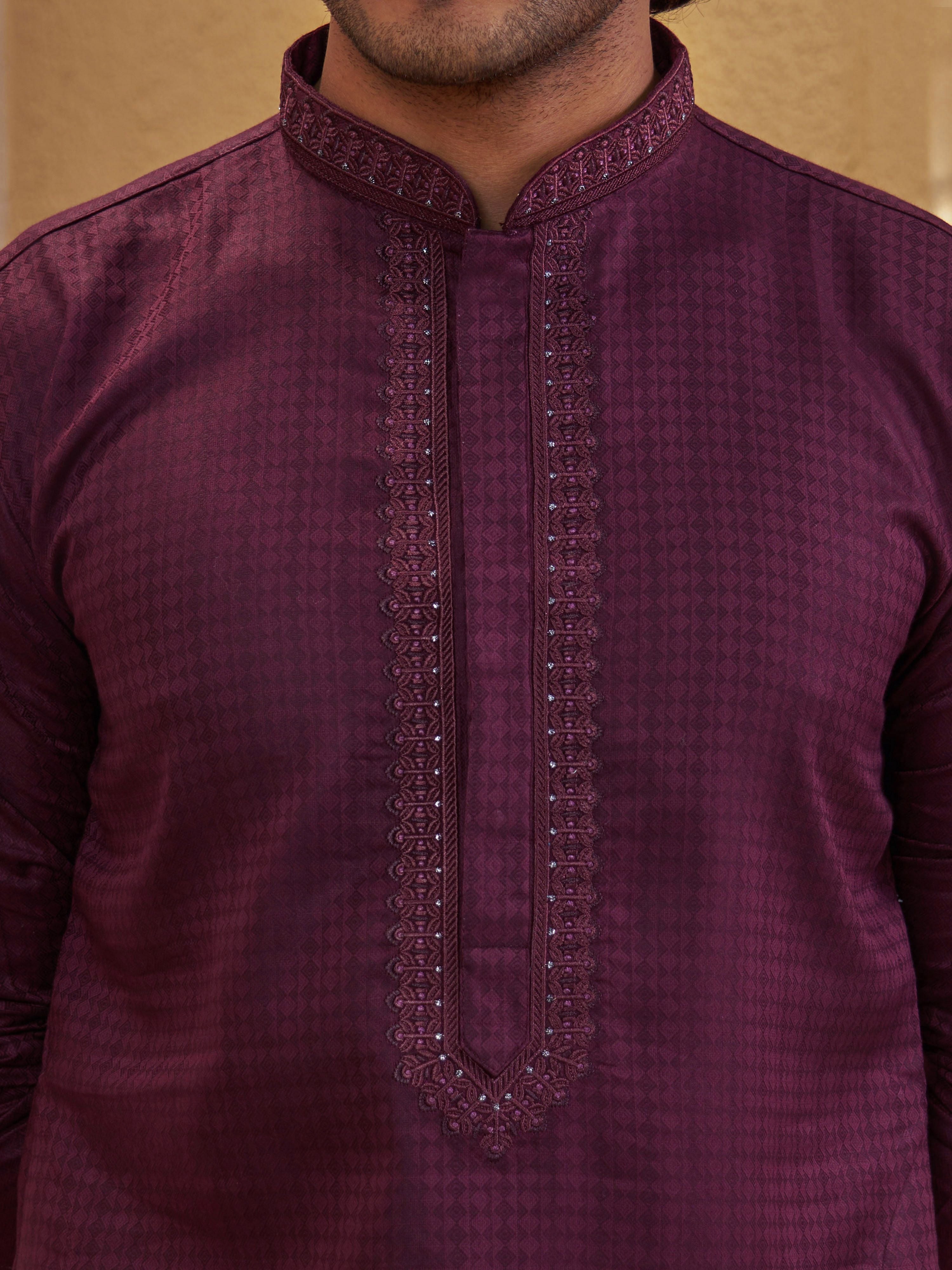 Men's Wine Cotton-Blend Self Design Thigh Length Long Kurta