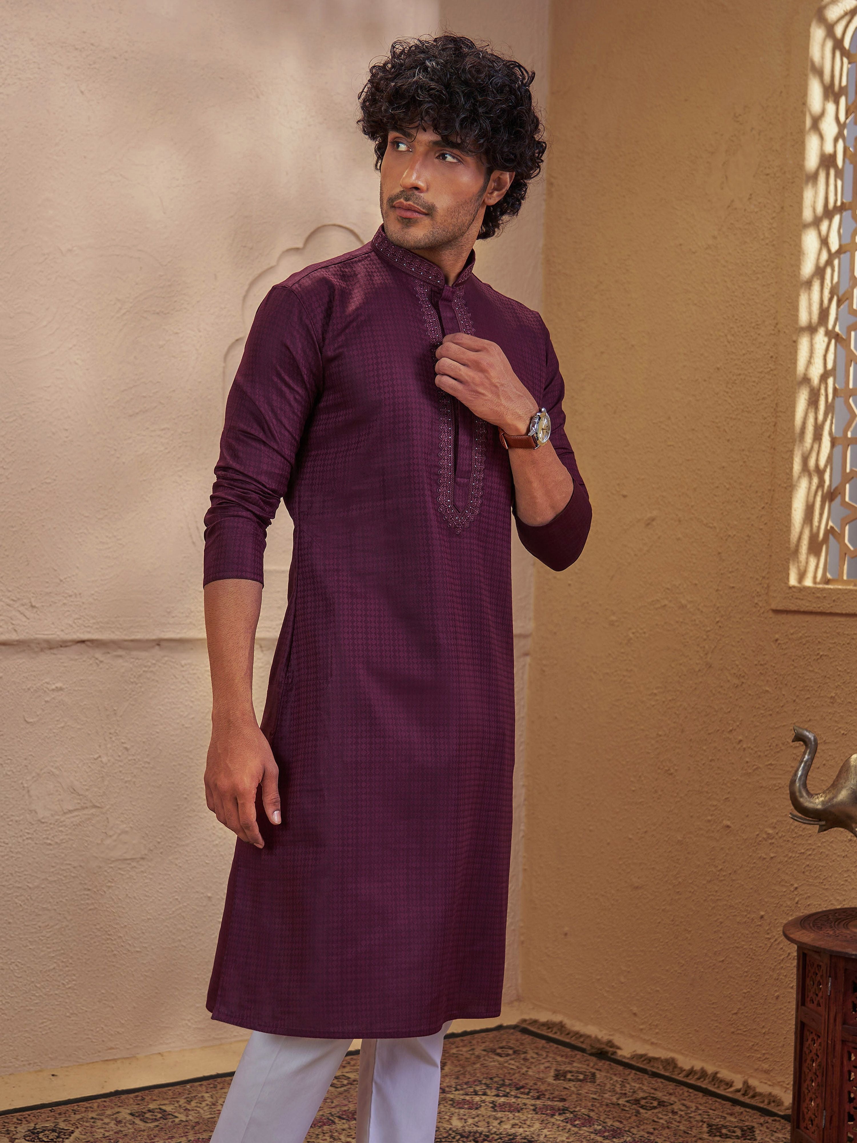 Men's Wine Cotton-Blend Self Design Thigh Length Long Kurta