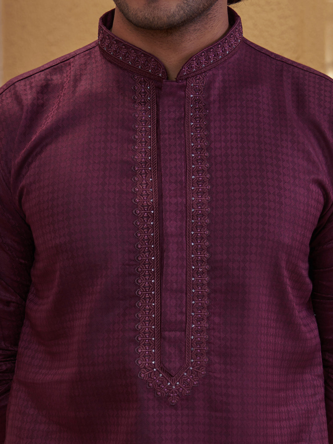 Men Wine Cotton Jacquard Embroidered Kurta with White Aligarh Pyjama Set
