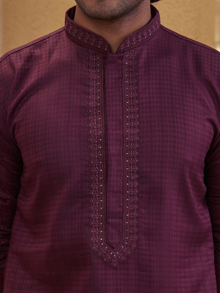Men Wine Cotton Jacquard Embroidered Kurta with White Aligarh Pyjama Set