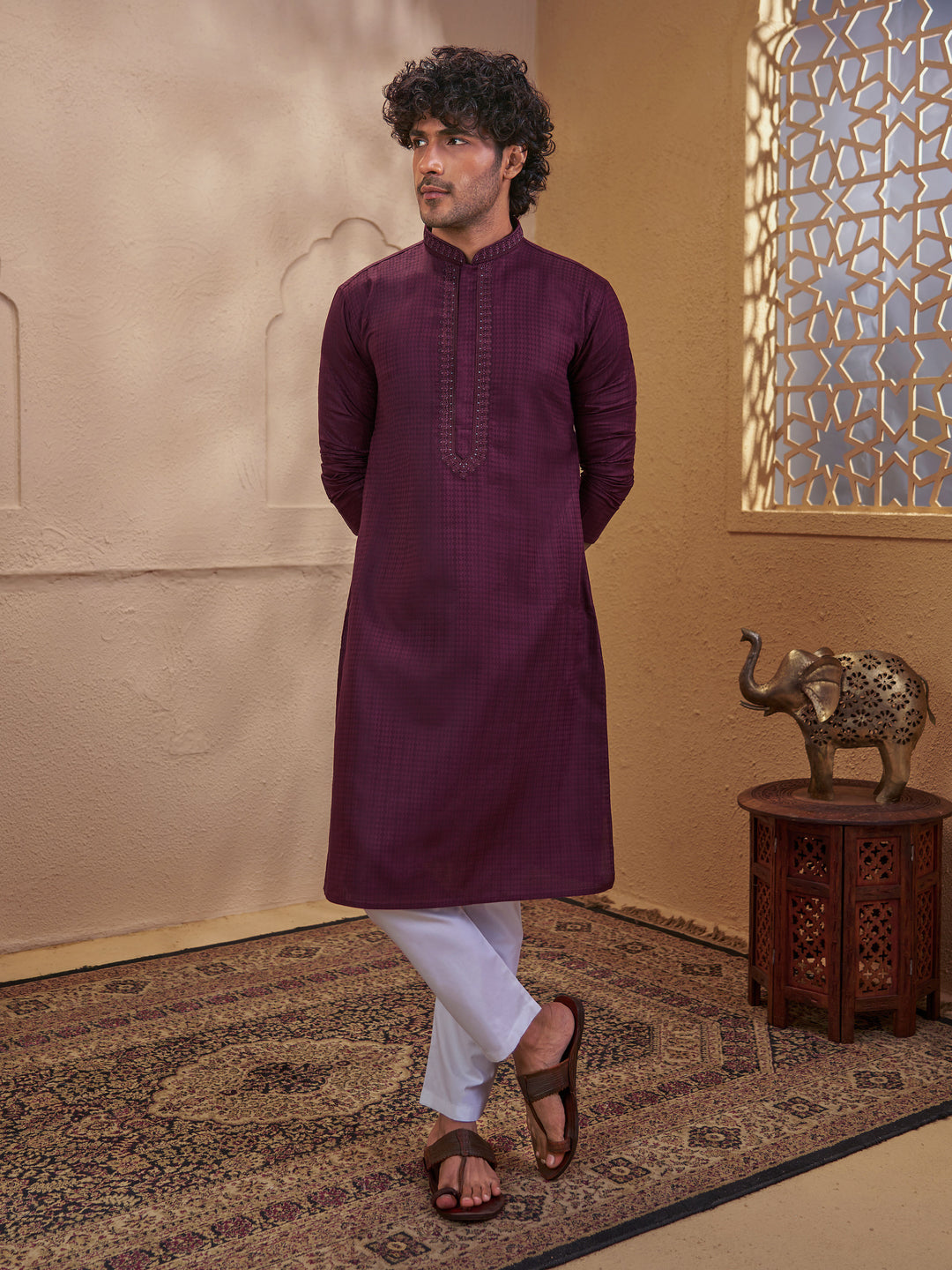 Men Wine Cotton Jacquard Embroidered Kurta with White Aligarh Pyjama Set