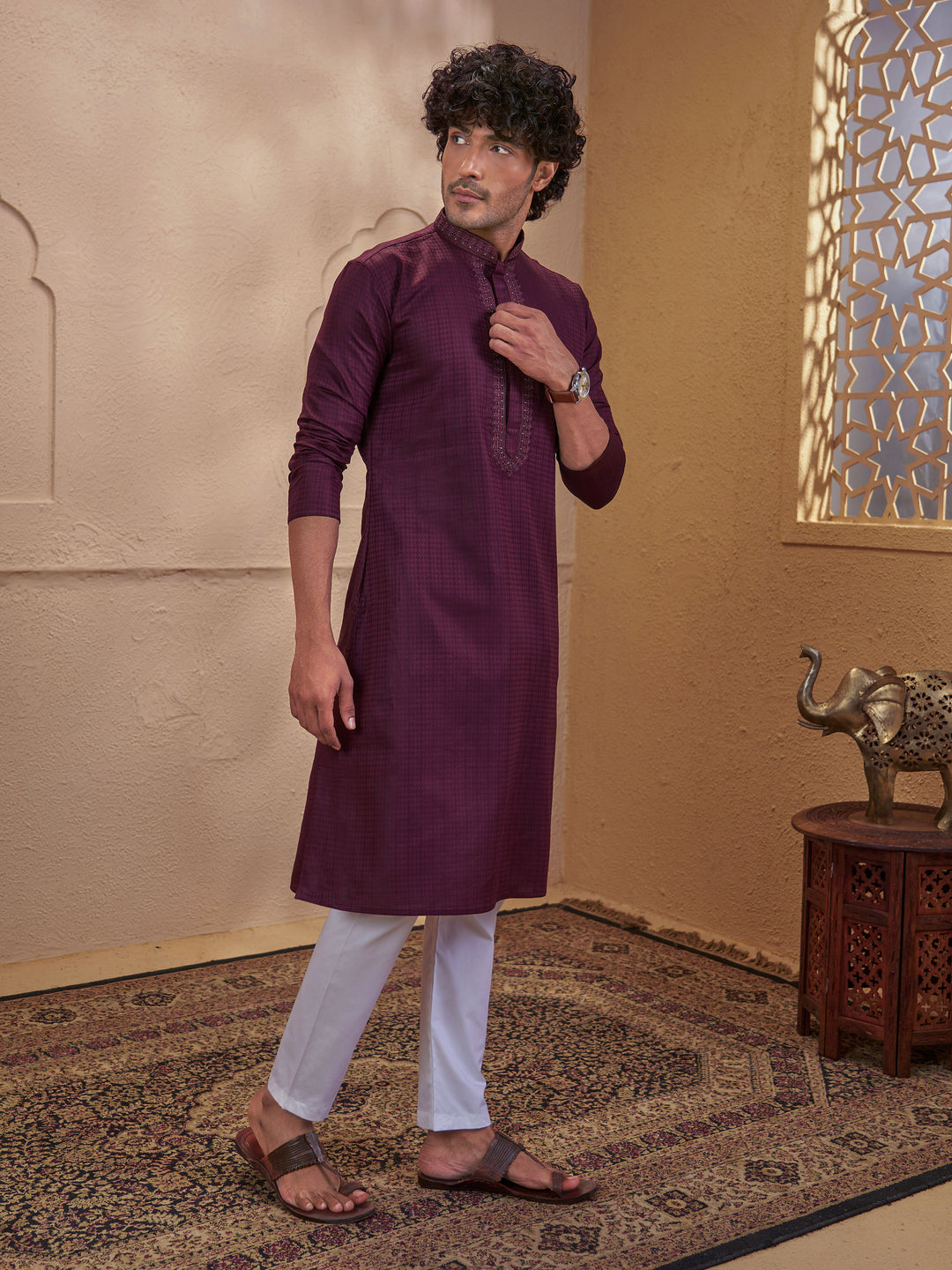 Men Wine Cotton Jacquard Embroidered Kurta with White Aligarh Pyjama Set