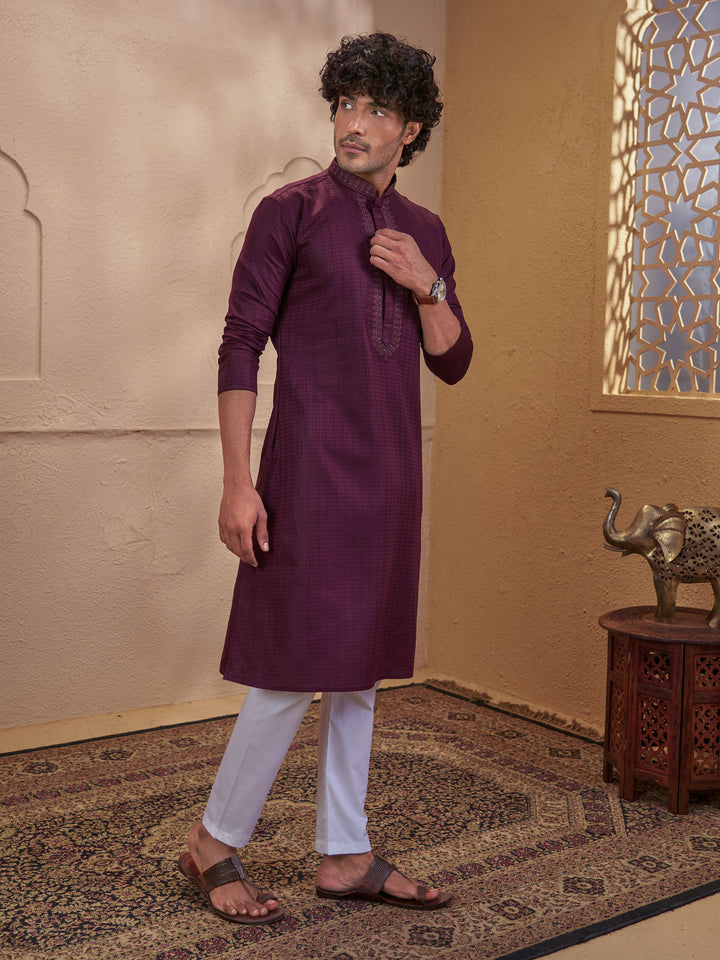 Men Wine Cotton Jacquard Embroidered Kurta with White Aligarh Pyjama Set