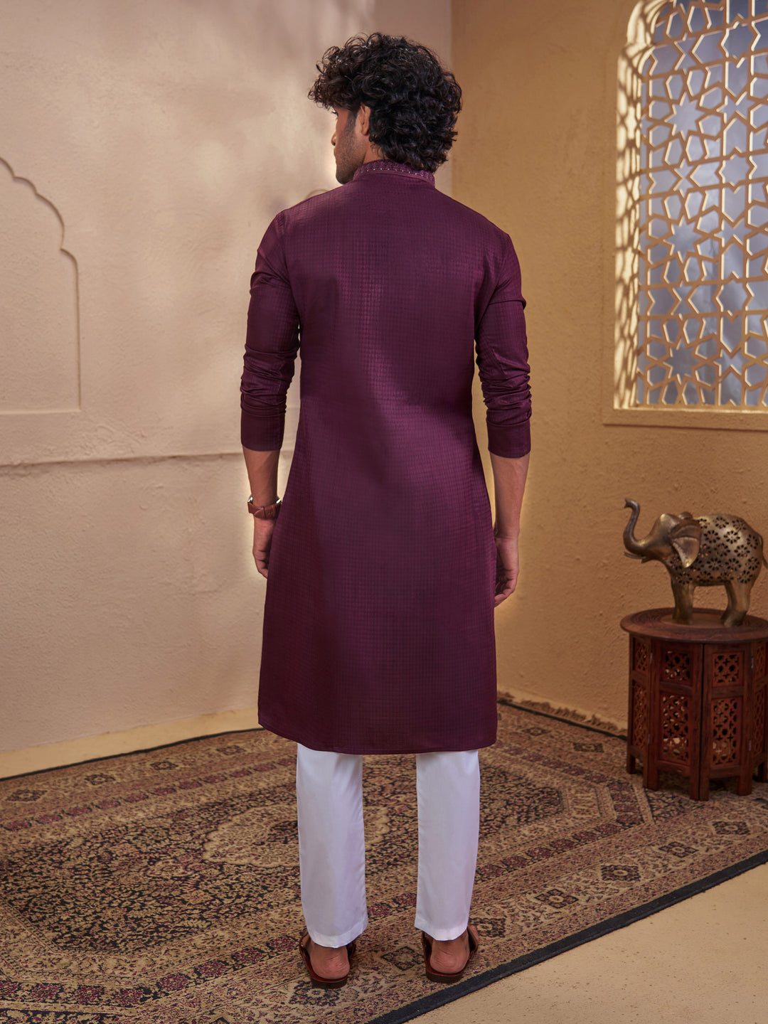 Men Wine Cotton Jacquard Embroidered Kurta with White Aligarh Pyjama Set