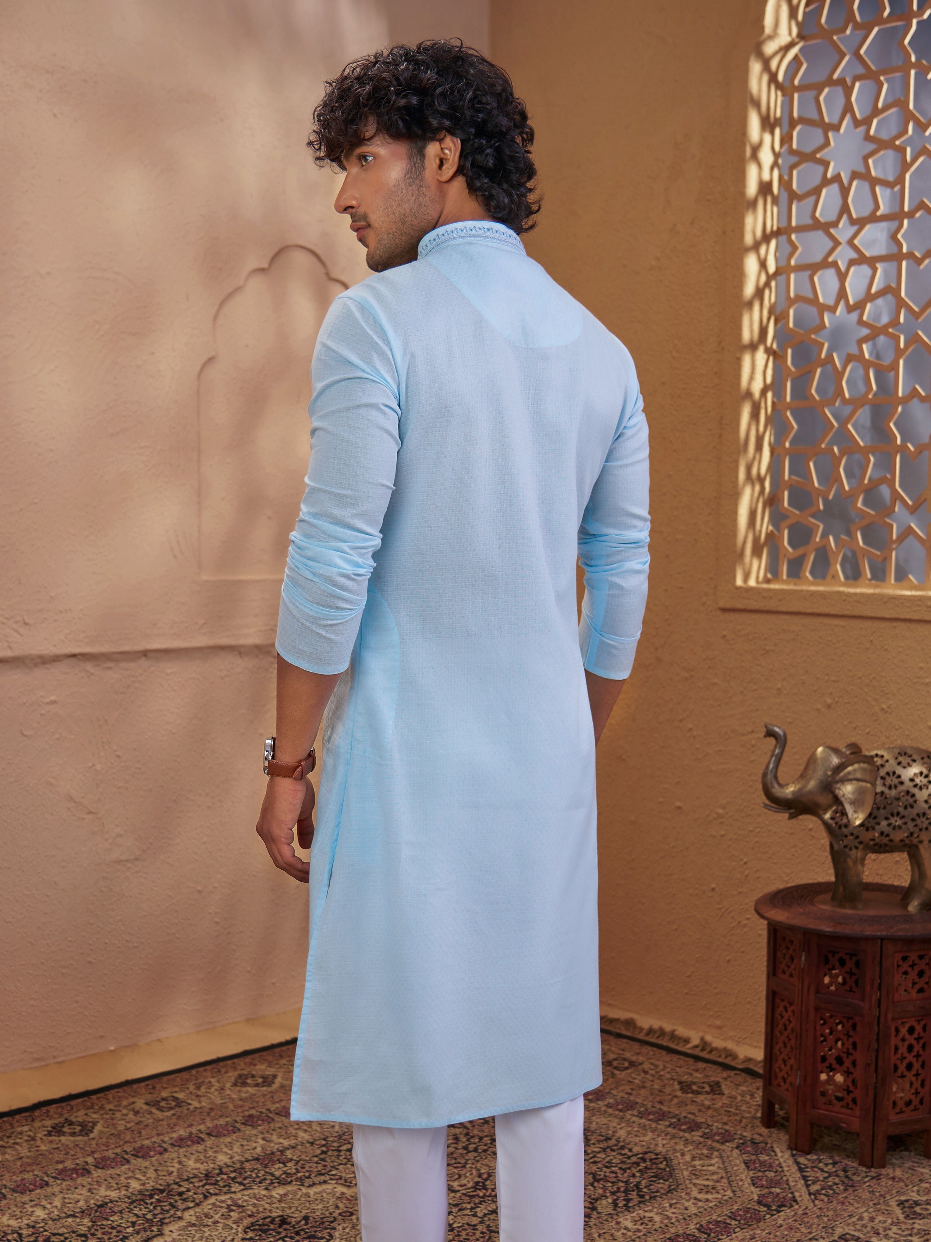 Men's Aqua Woven Fabric Embroidered Thigh Length Kurta