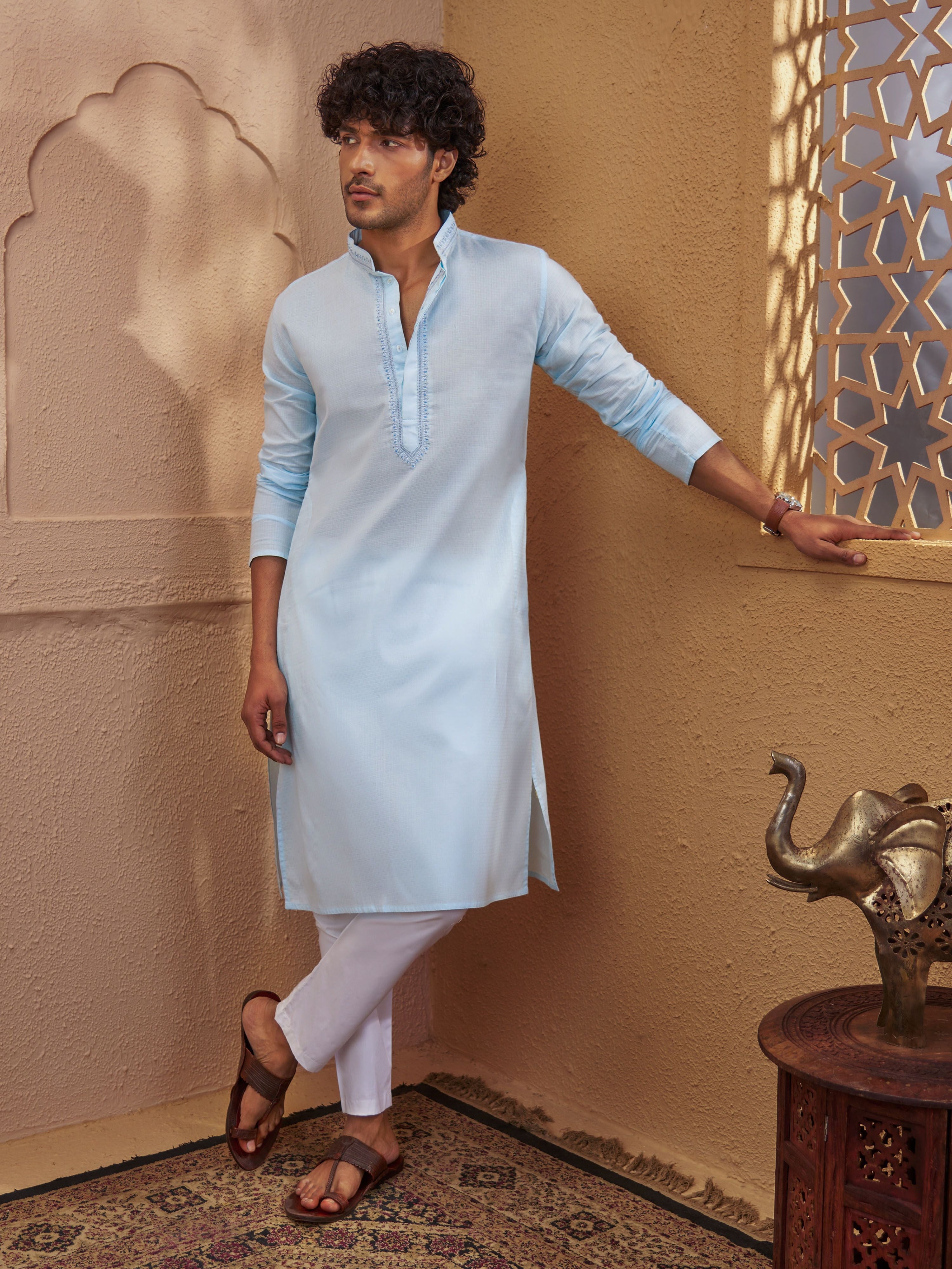 Aqua Cotton-Blend Zari Embroidered Kurta Pyjama Set