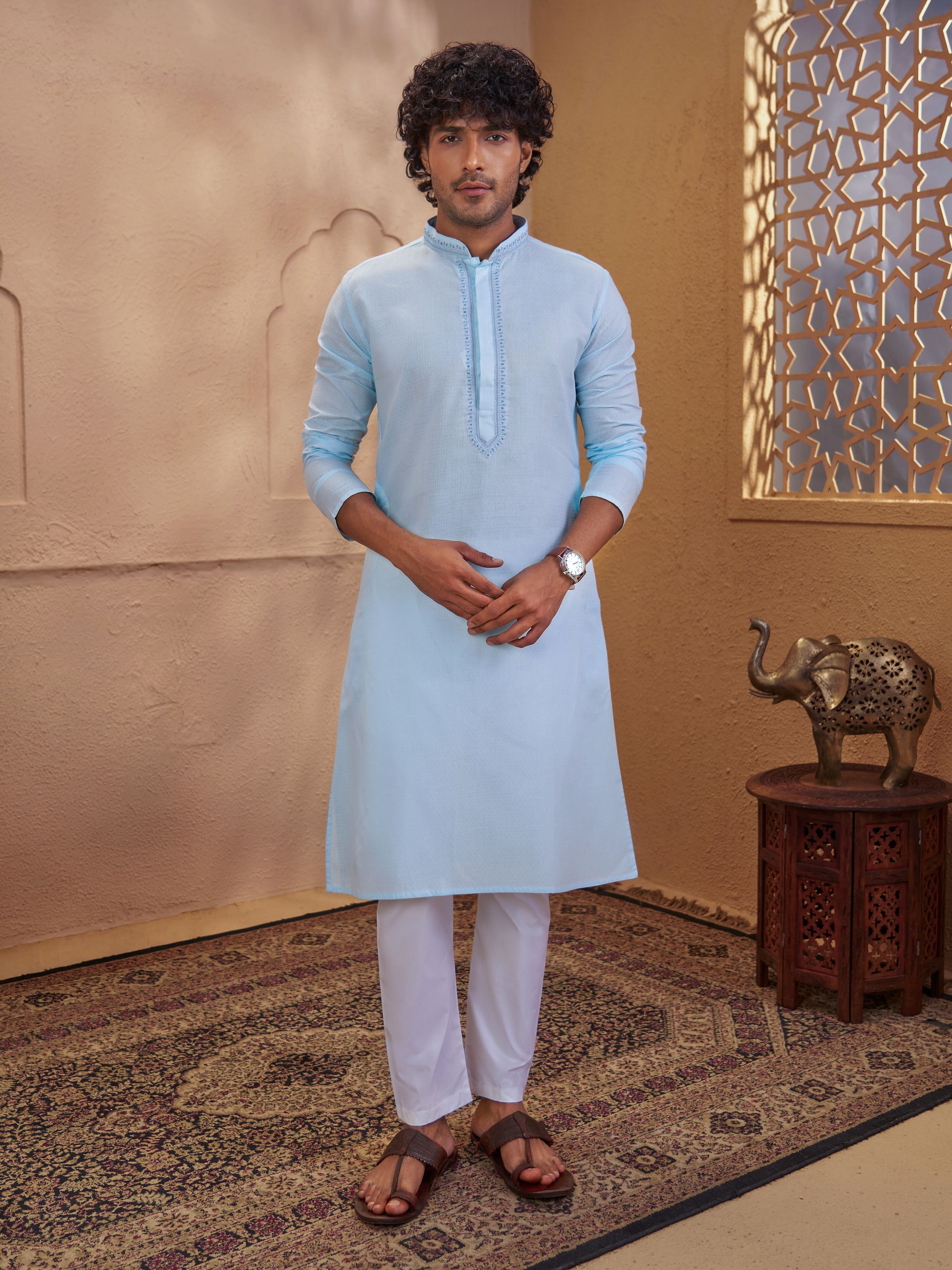 Men's Aqua Cotton-Blend Embroidered Thigh Length Kurta With Pyjama