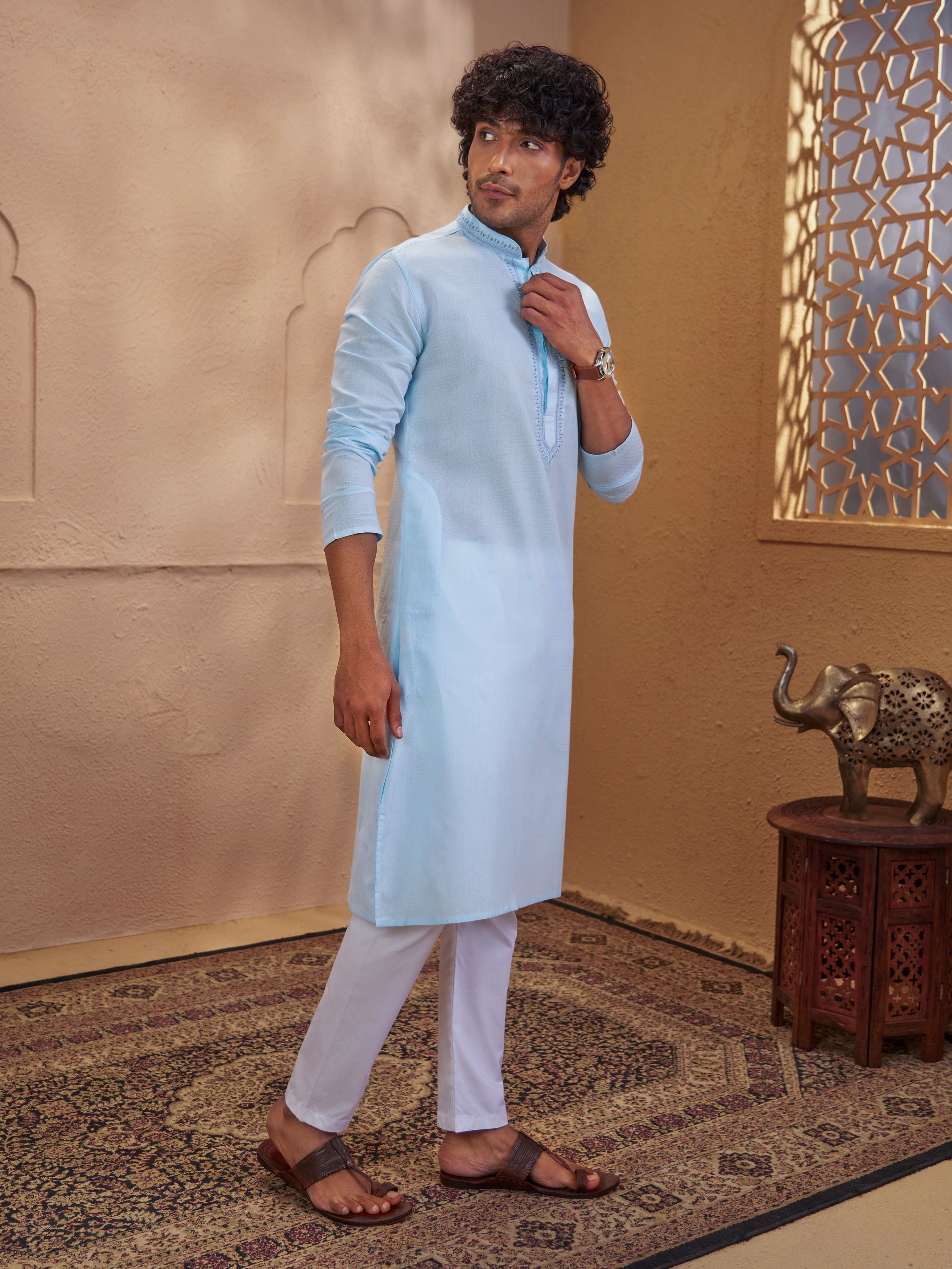 Men's Aqua Cotton-Blend Embroidered Thigh Length Kurta With Pyjama