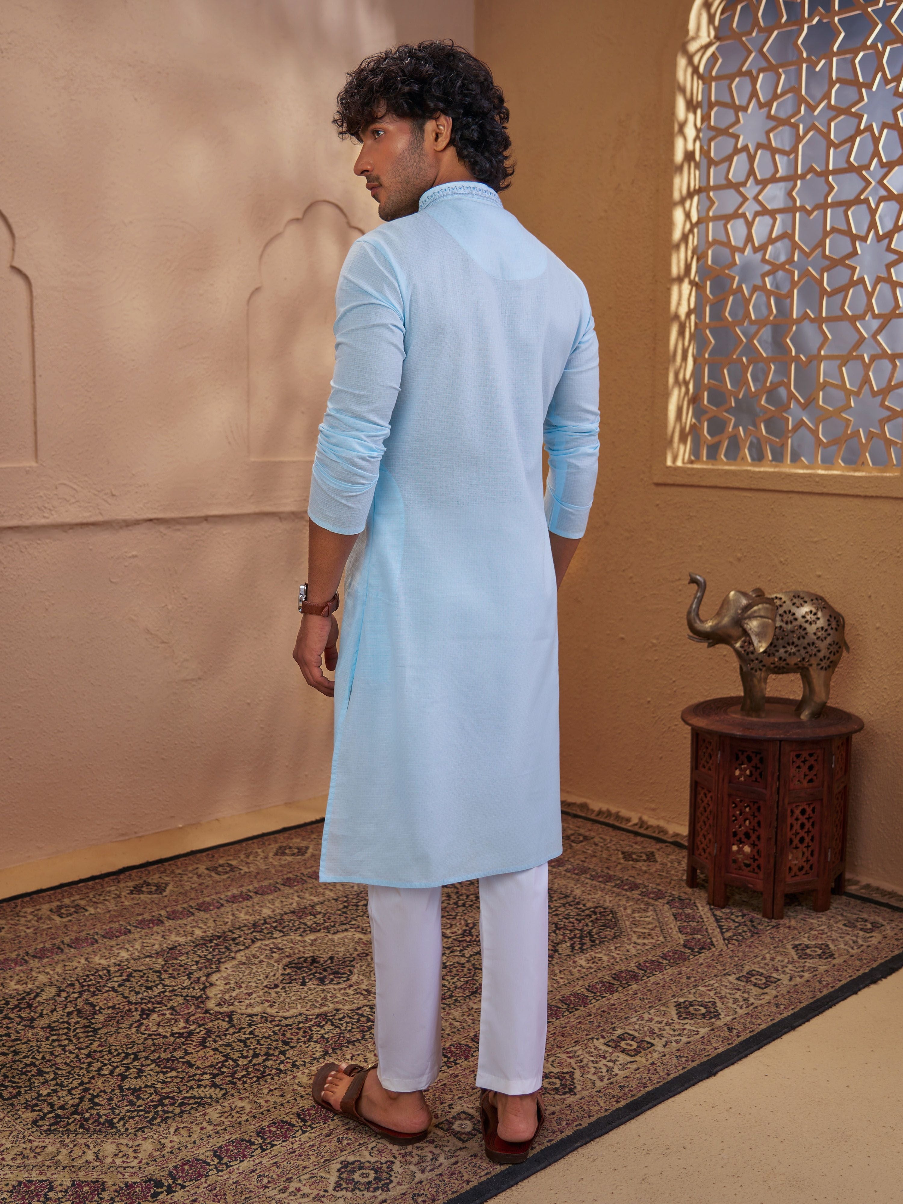 Men's Aqua Cotton-Blend Embroidered Thigh Length Kurta With Pyjama