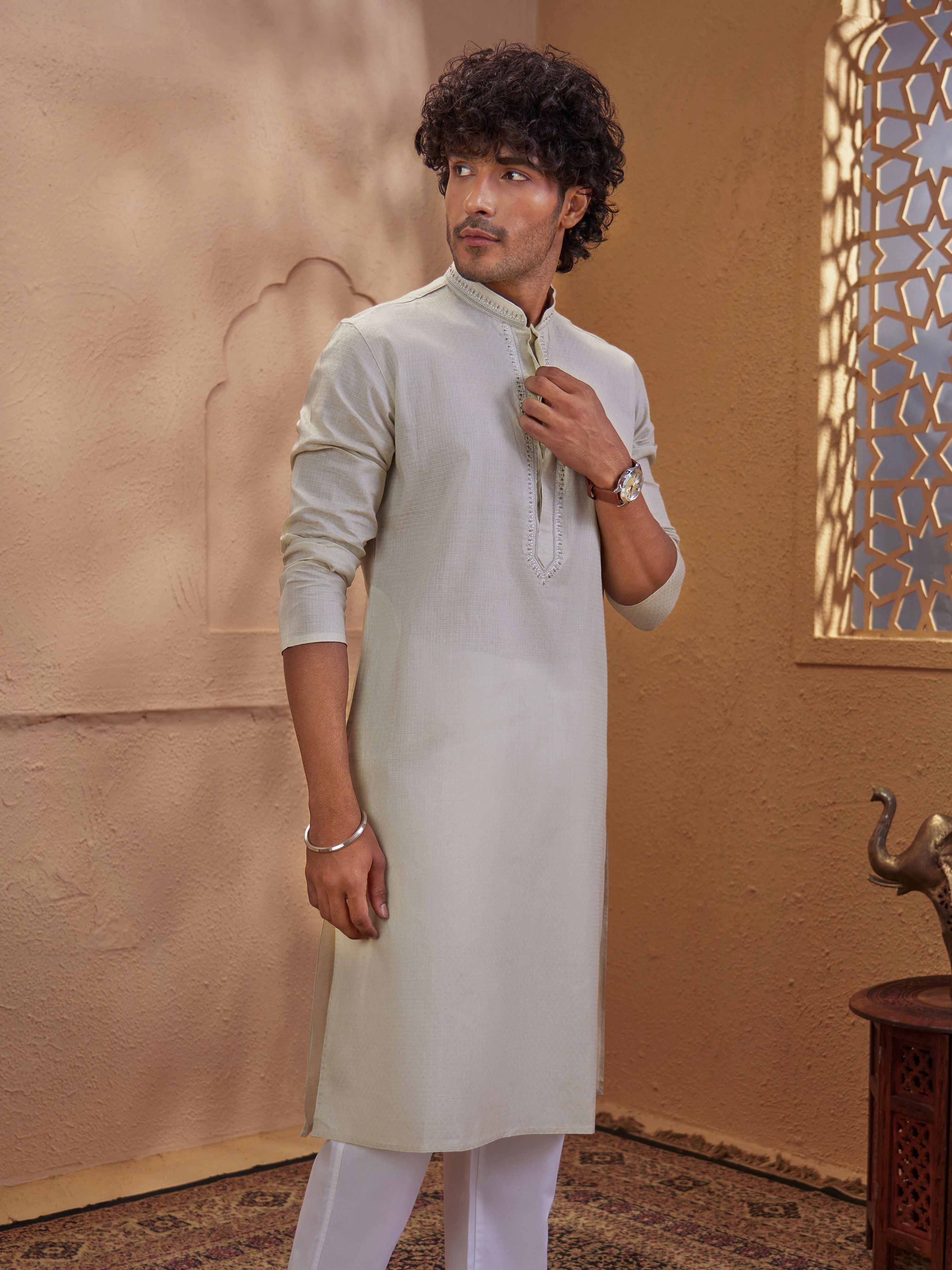Men's Beige Woven Fabric Embroidered Thigh Length Kurta