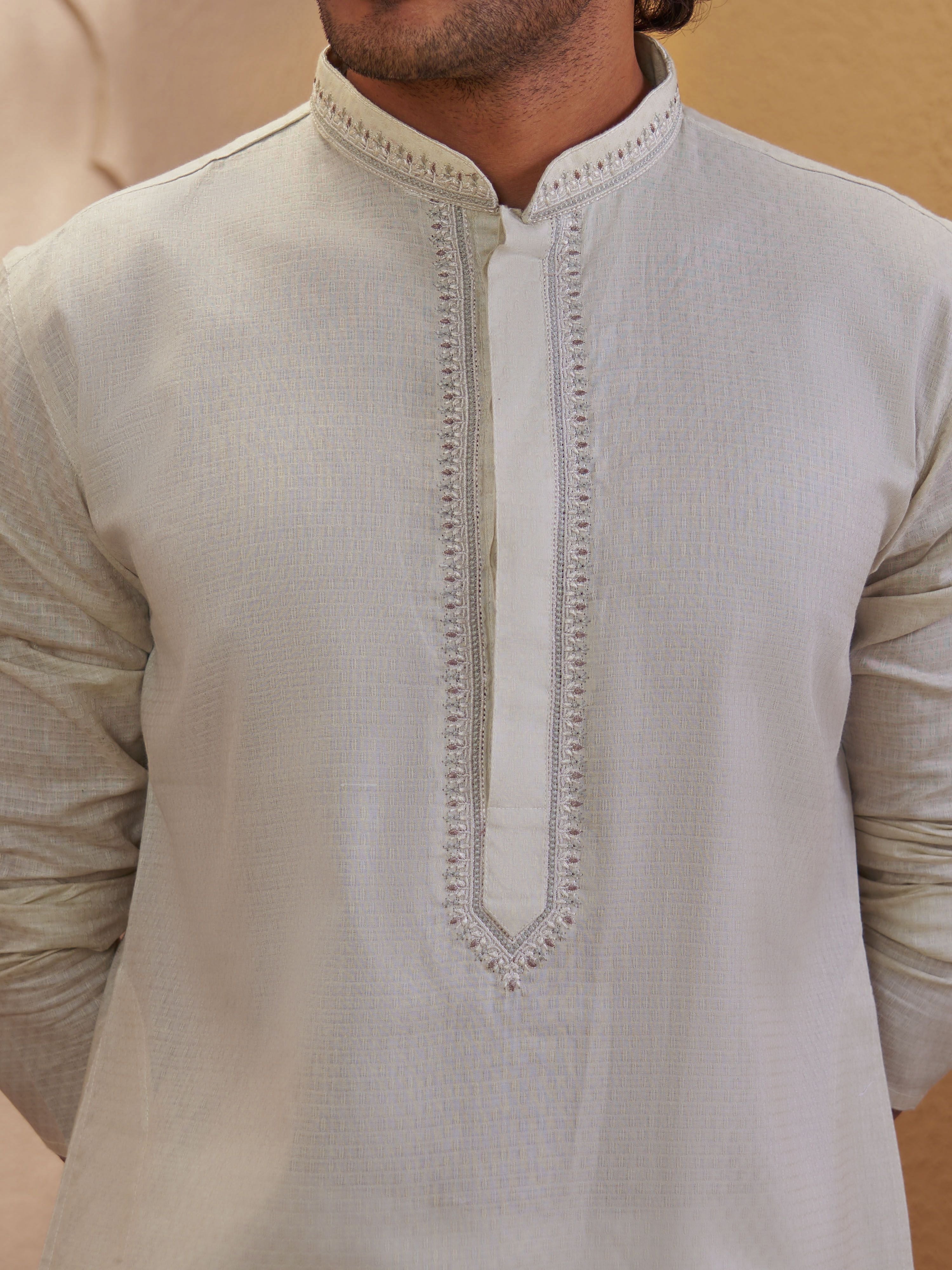 Men's Beige Cotton-Blend Embroidered Thigh Length Kurta With Pyjama