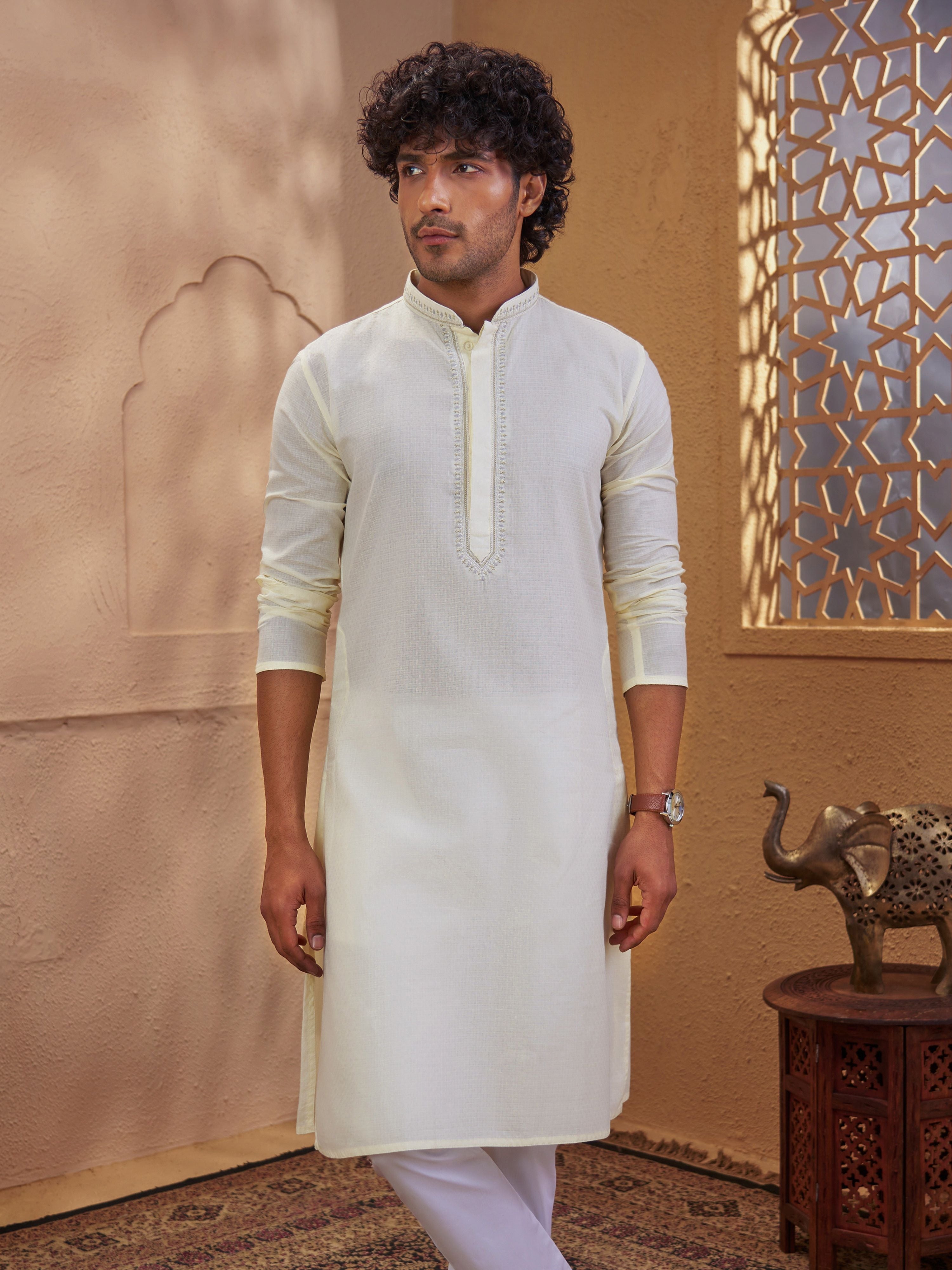 Men's Cream Woven Fabric Embroidered Thigh Length Kurta