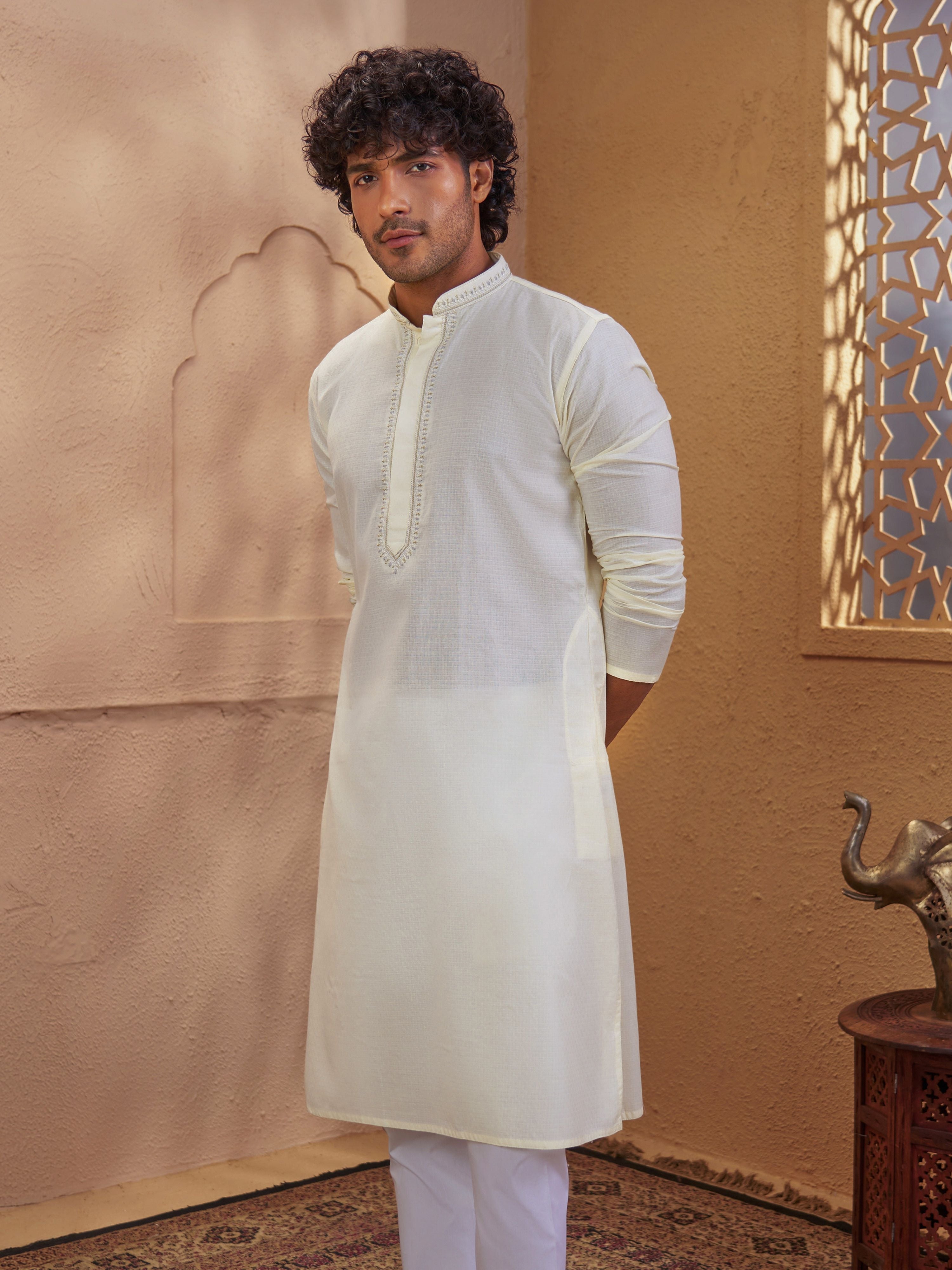 Men's Cream Woven Fabric Embroidered Thigh Length Kurta