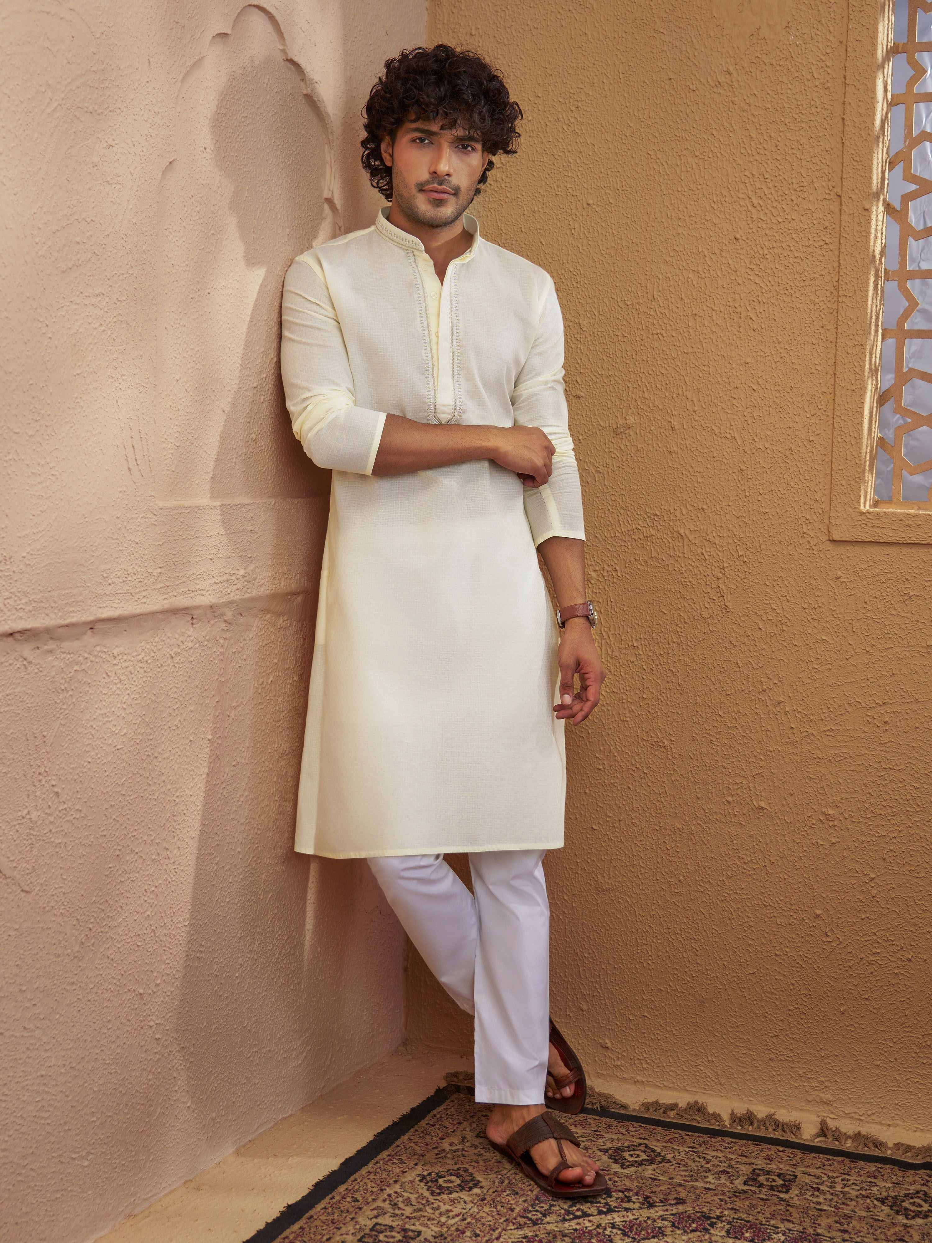 Men's Cream Woven Fabric Embroidered Thigh Length Kurta