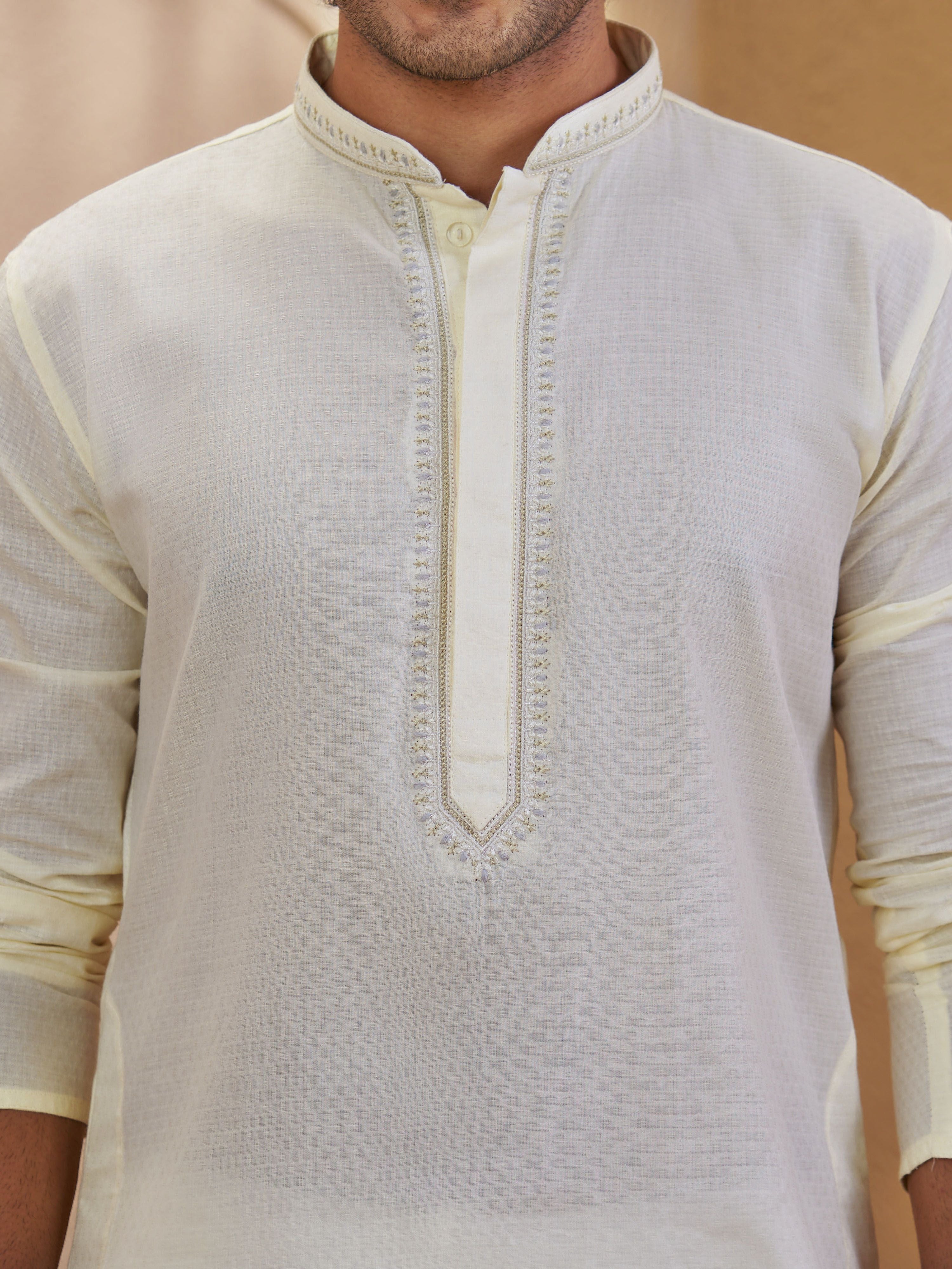 Men's Cream Cotton-Blend Embroidered Thigh Length Kurta With Pyjama