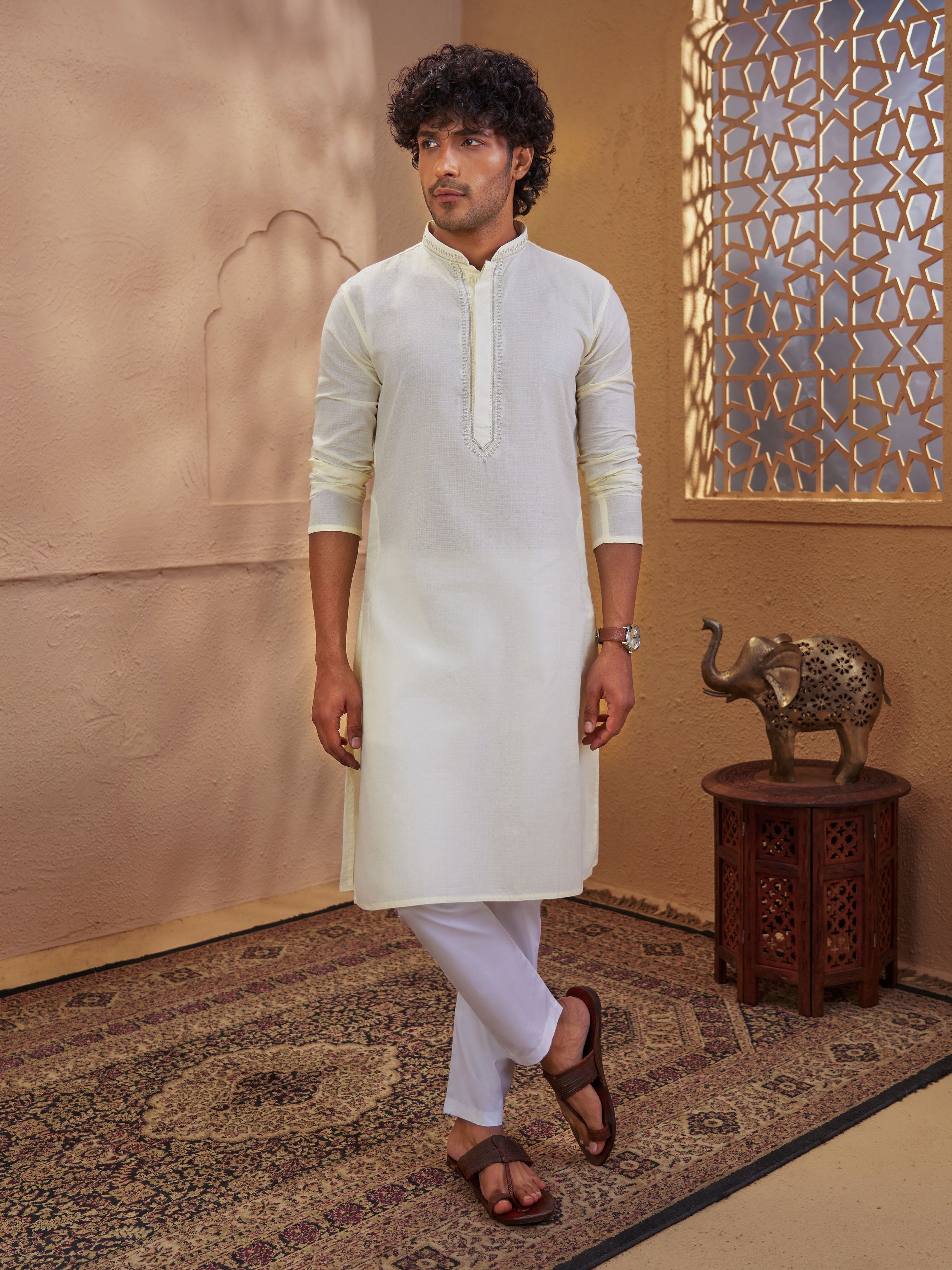 Men's Cream Cotton-Blend Embroidered Thigh Length Kurta With Pyjama