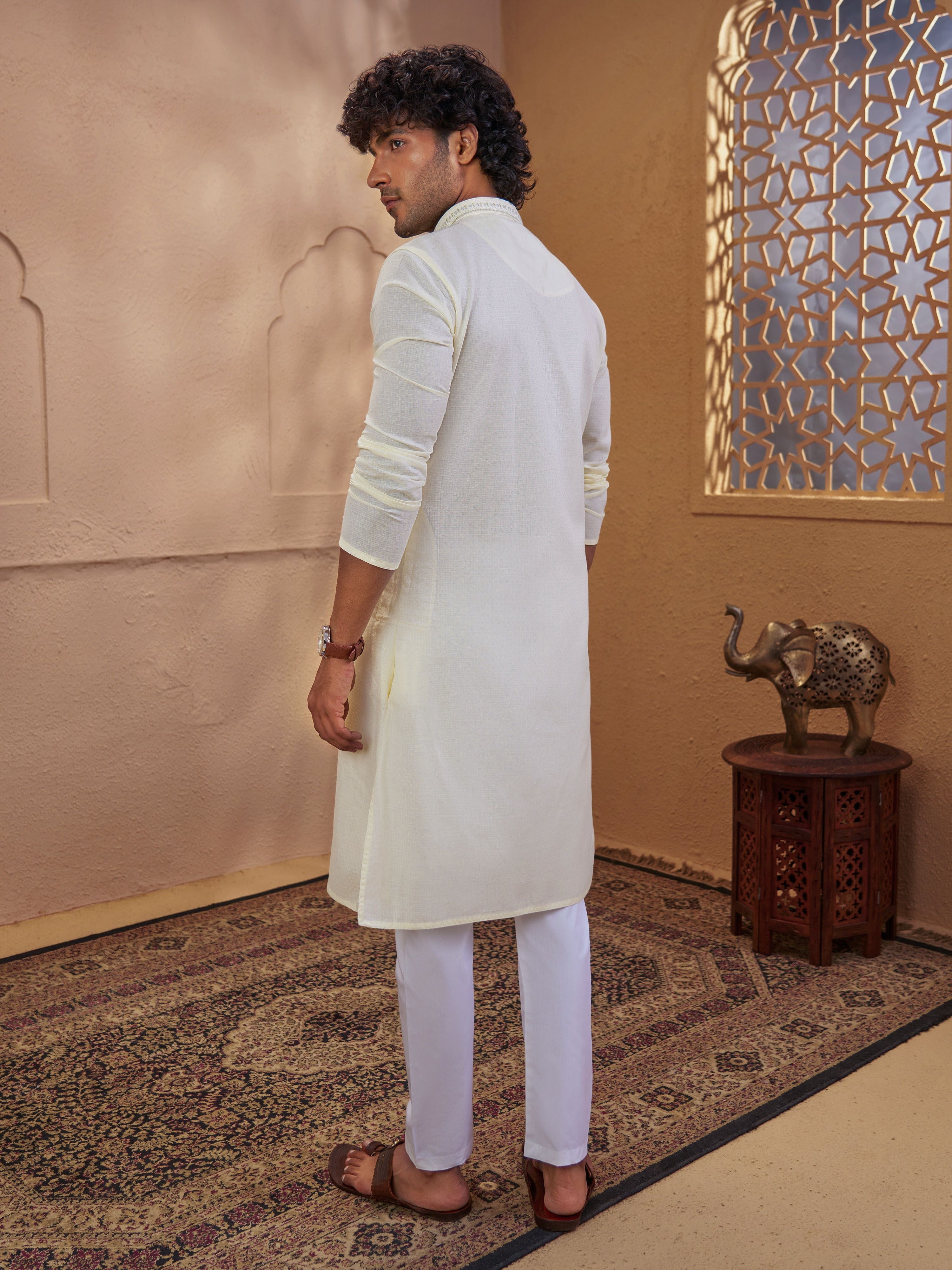 Men's Cream Cotton-Blend Embroidered Thigh Length Kurta With Pyjama