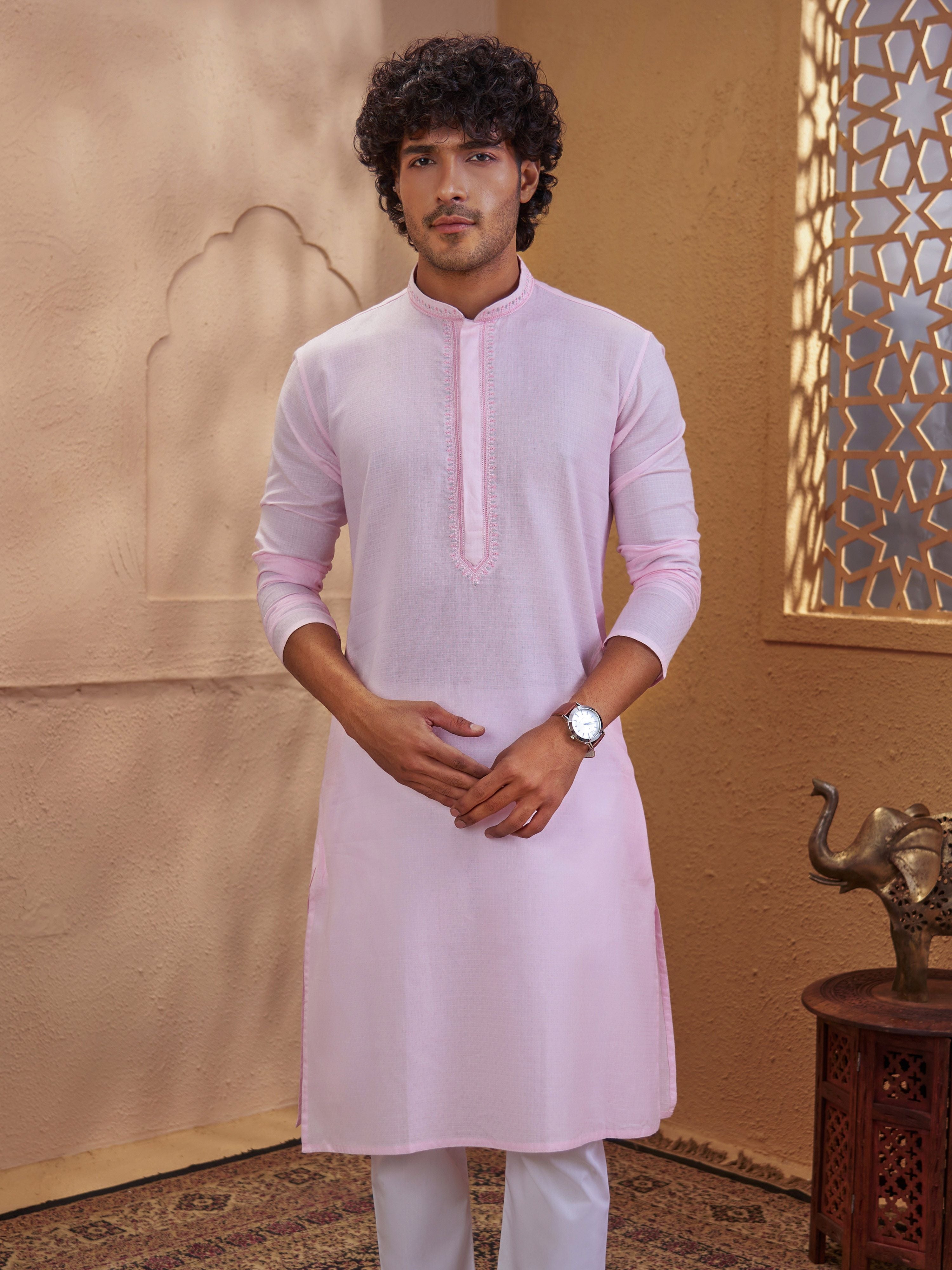 Men's Light Pink Woven Fabric Embroidered Thigh Length Kurta