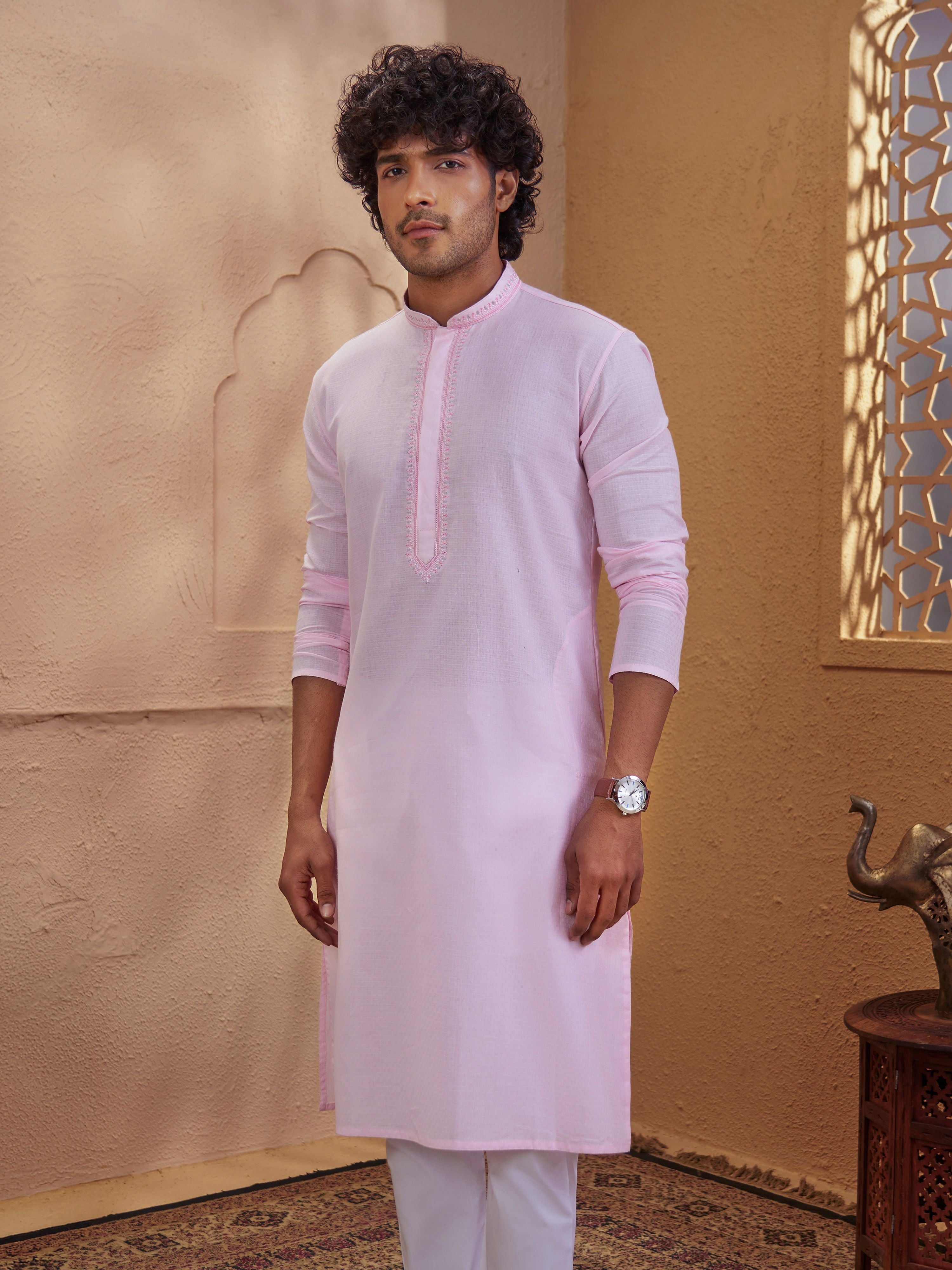 Men's Light Pink Woven Fabric Embroidered Thigh Length Kurta