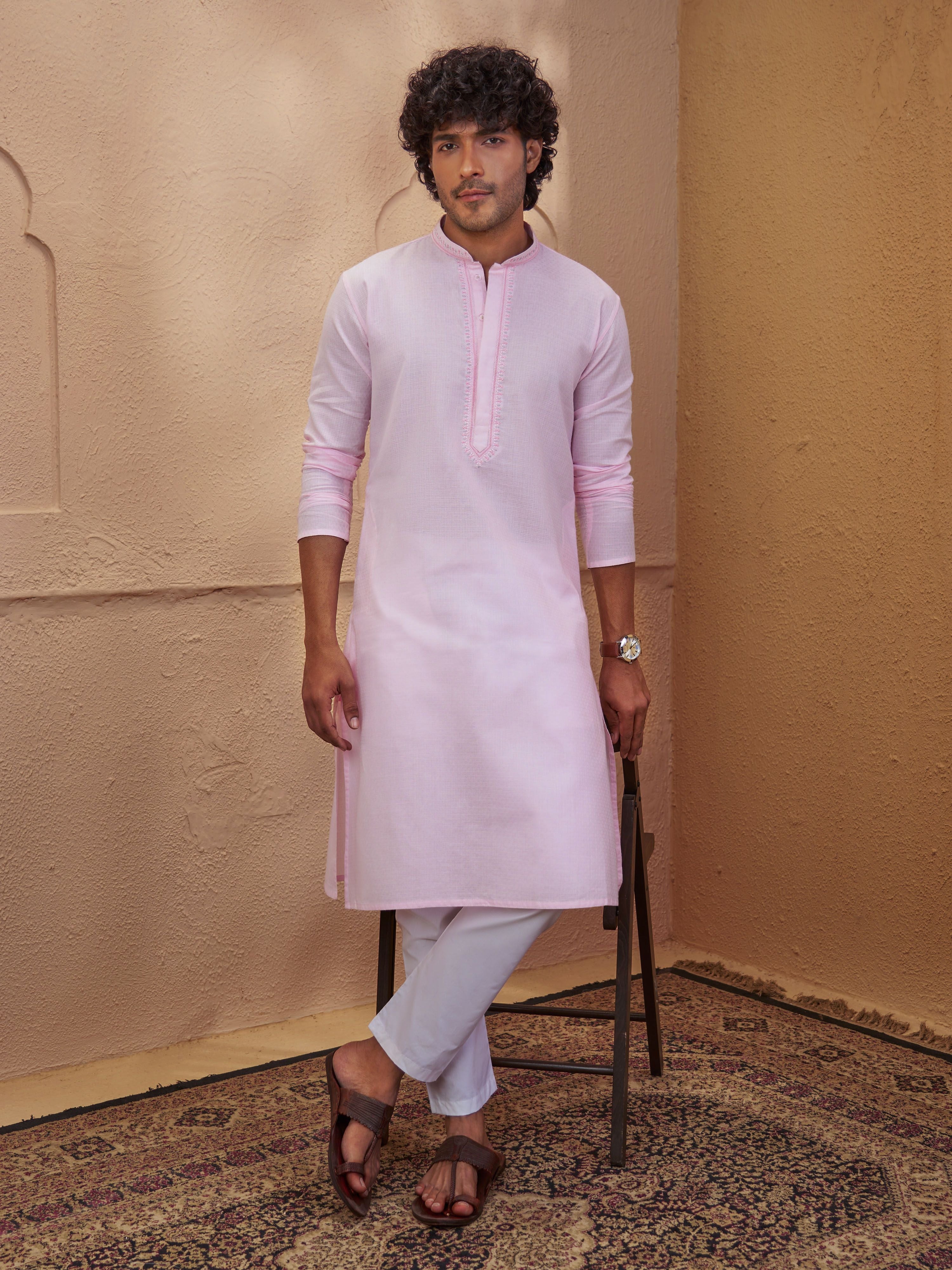 Men's Light Pink Woven Fabric Embroidered Thigh Length Kurta