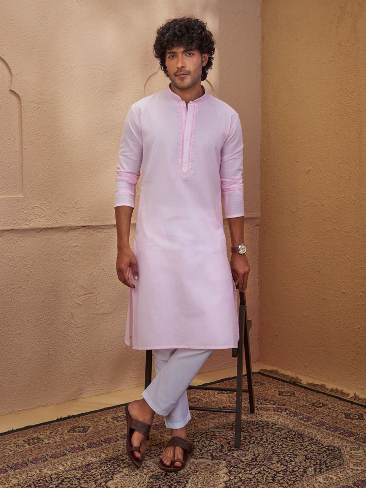 Men Light Pink Cotton Blend Zari Kurta Pyjama Set