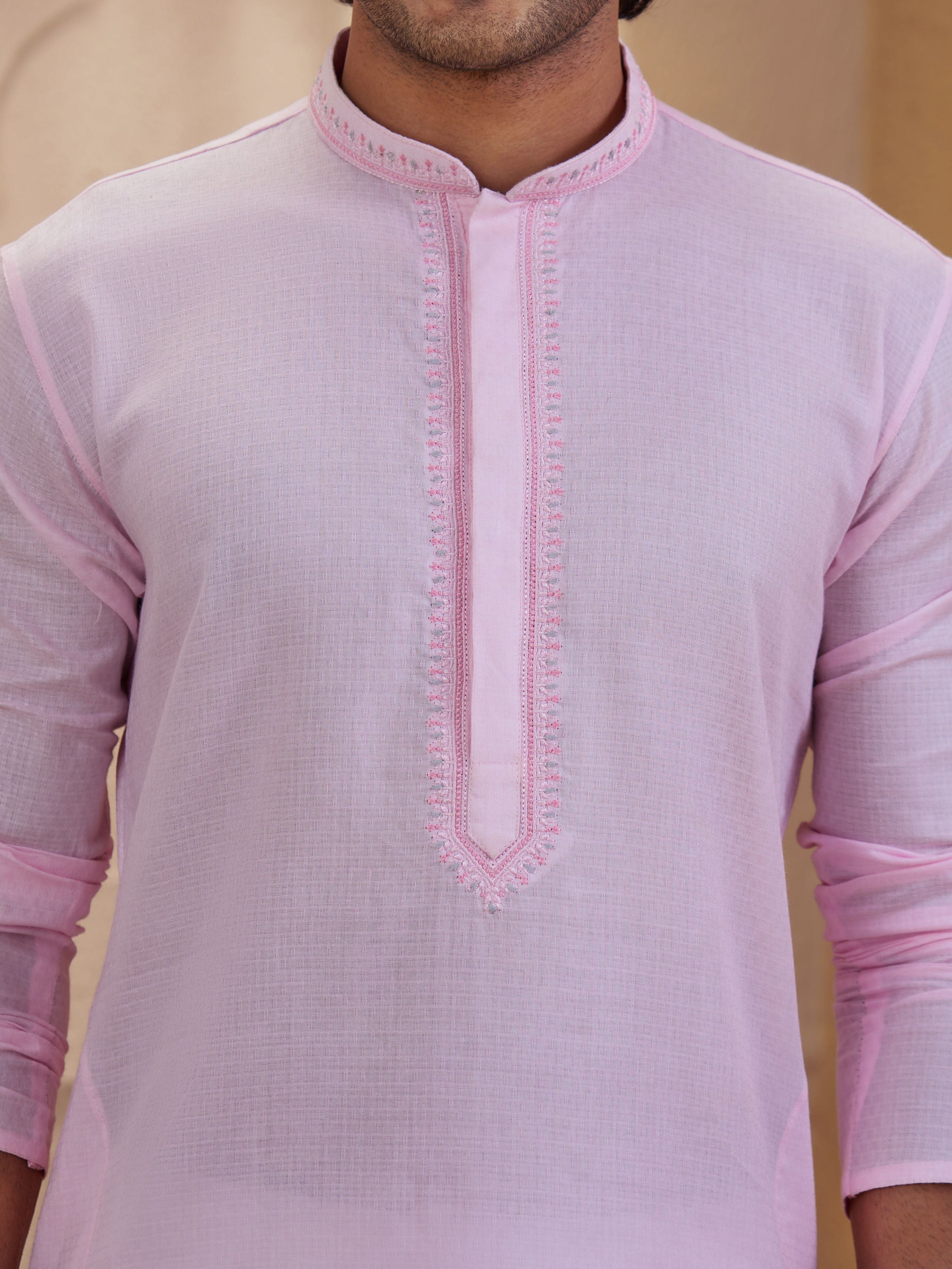 Men's Pink Cotton-Blend Embroidered Thigh Length Kurta With Pyjama