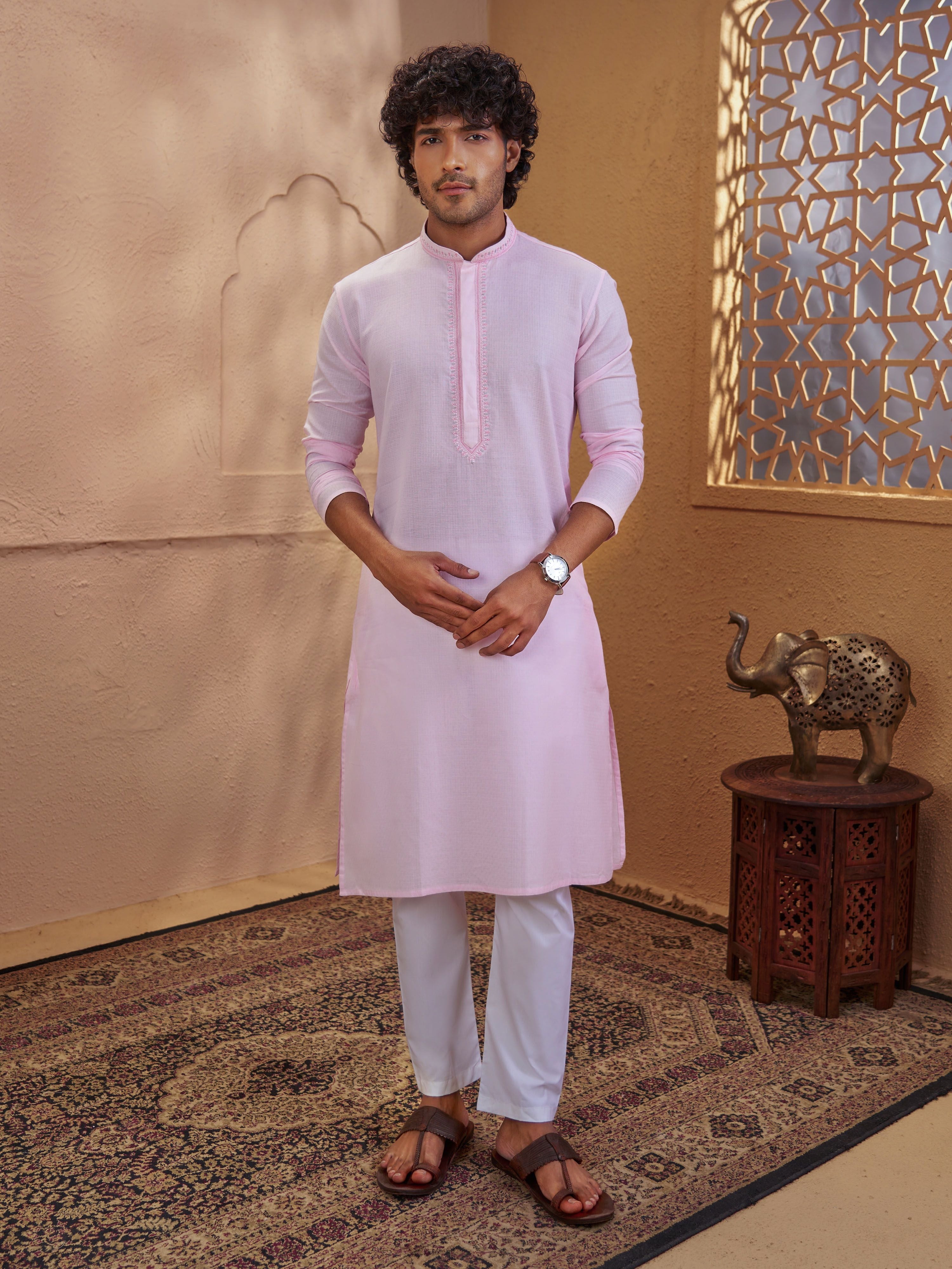 Men's Pink Cotton-Blend Embroidered Thigh Length Kurta With Pyjama