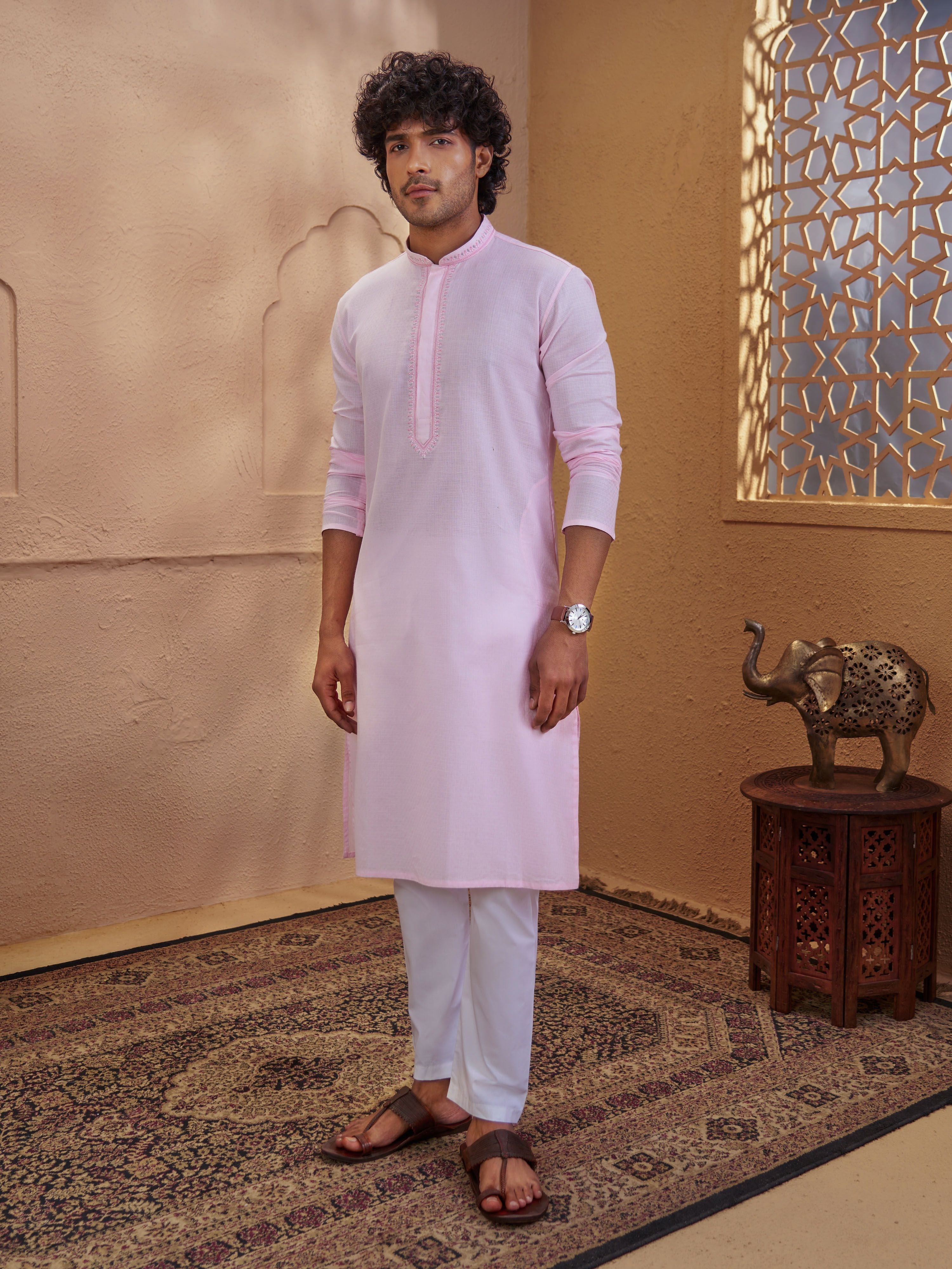Men's Pink Cotton-Blend Embroidered Thigh Length Kurta With Pyjama