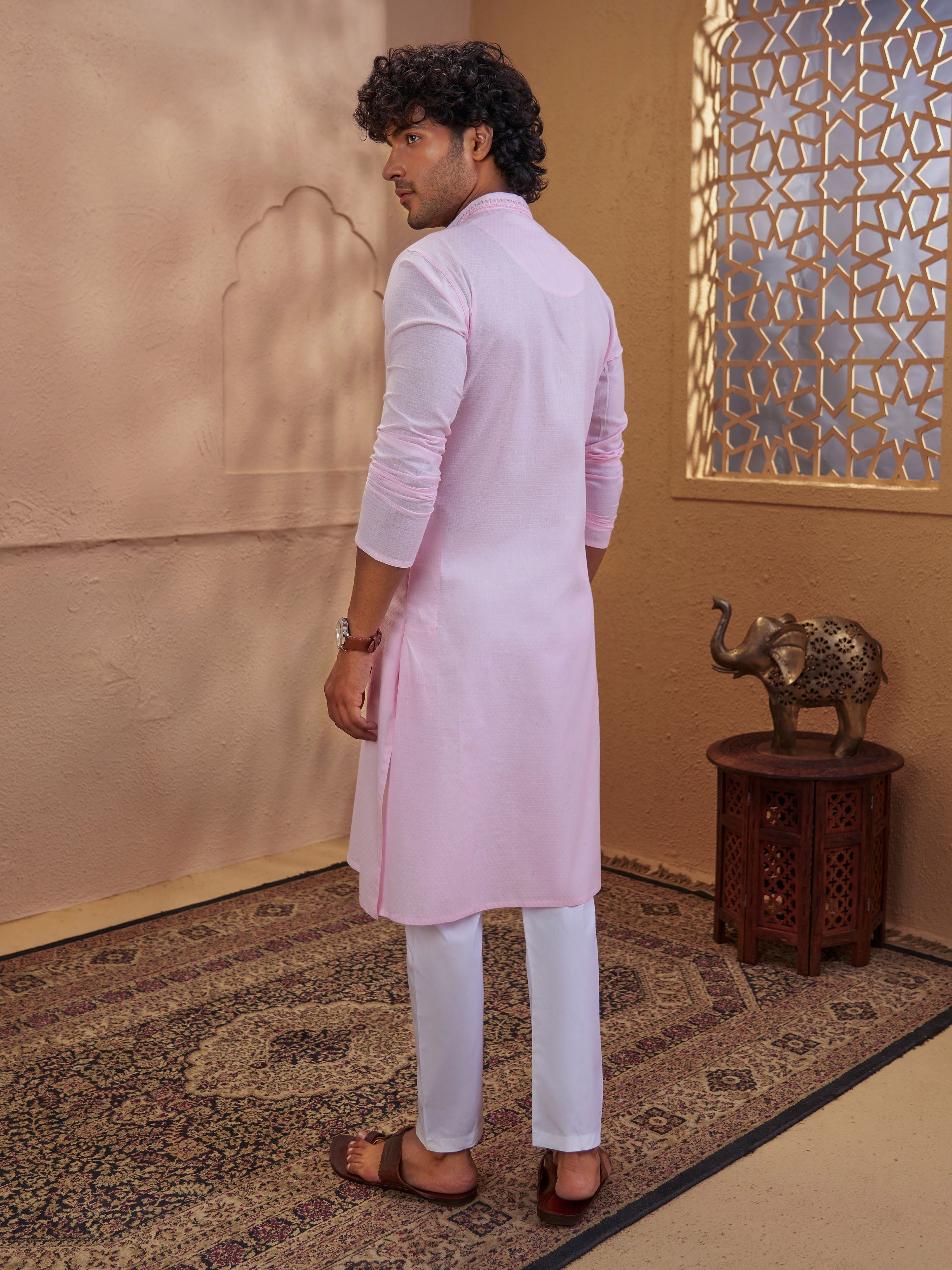 Men's Pink Cotton-Blend Embroidered Thigh Length Kurta With Pyjama