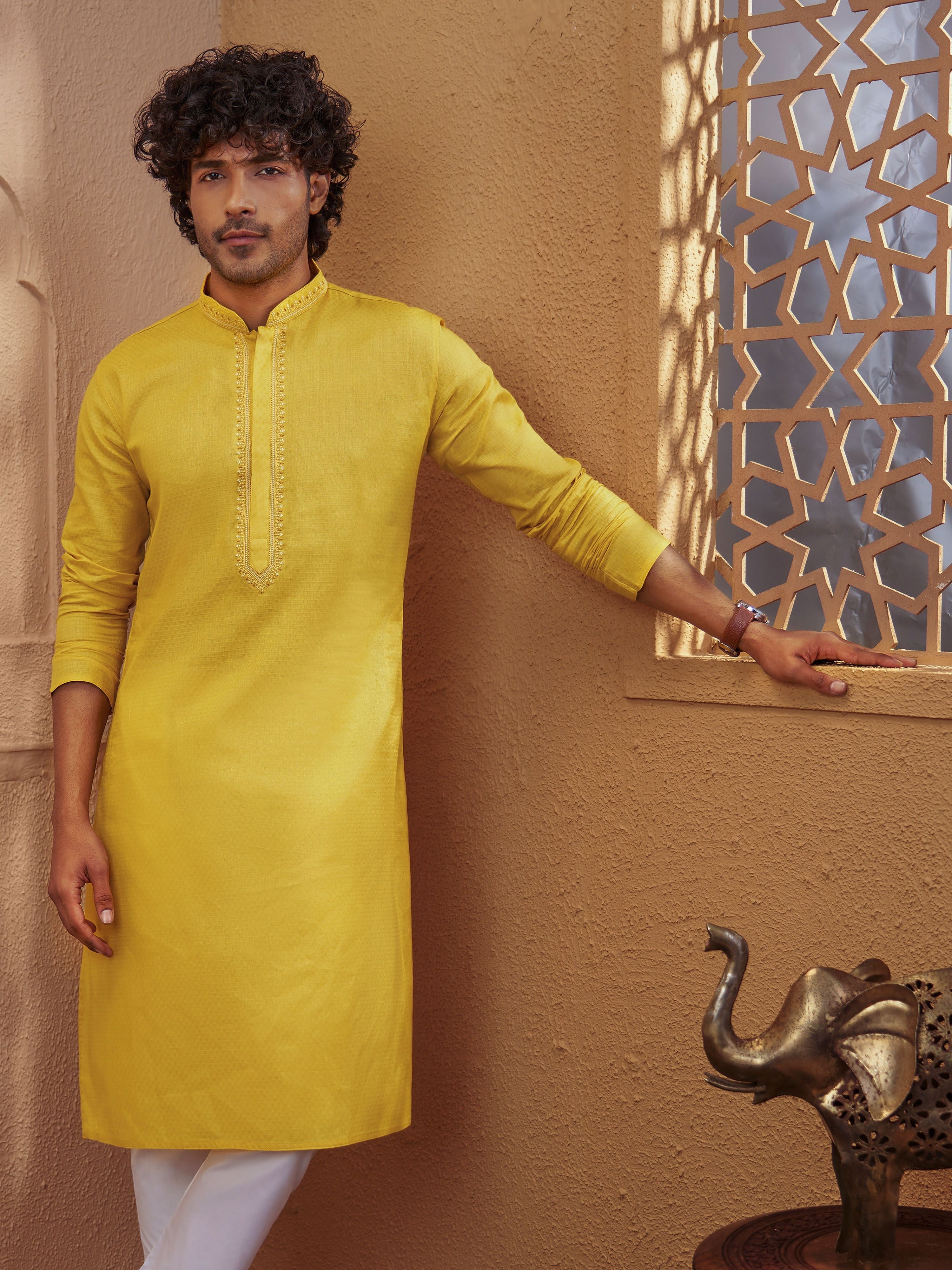 Men Yellow Zari Embroidered Mandarin Collar Kurta