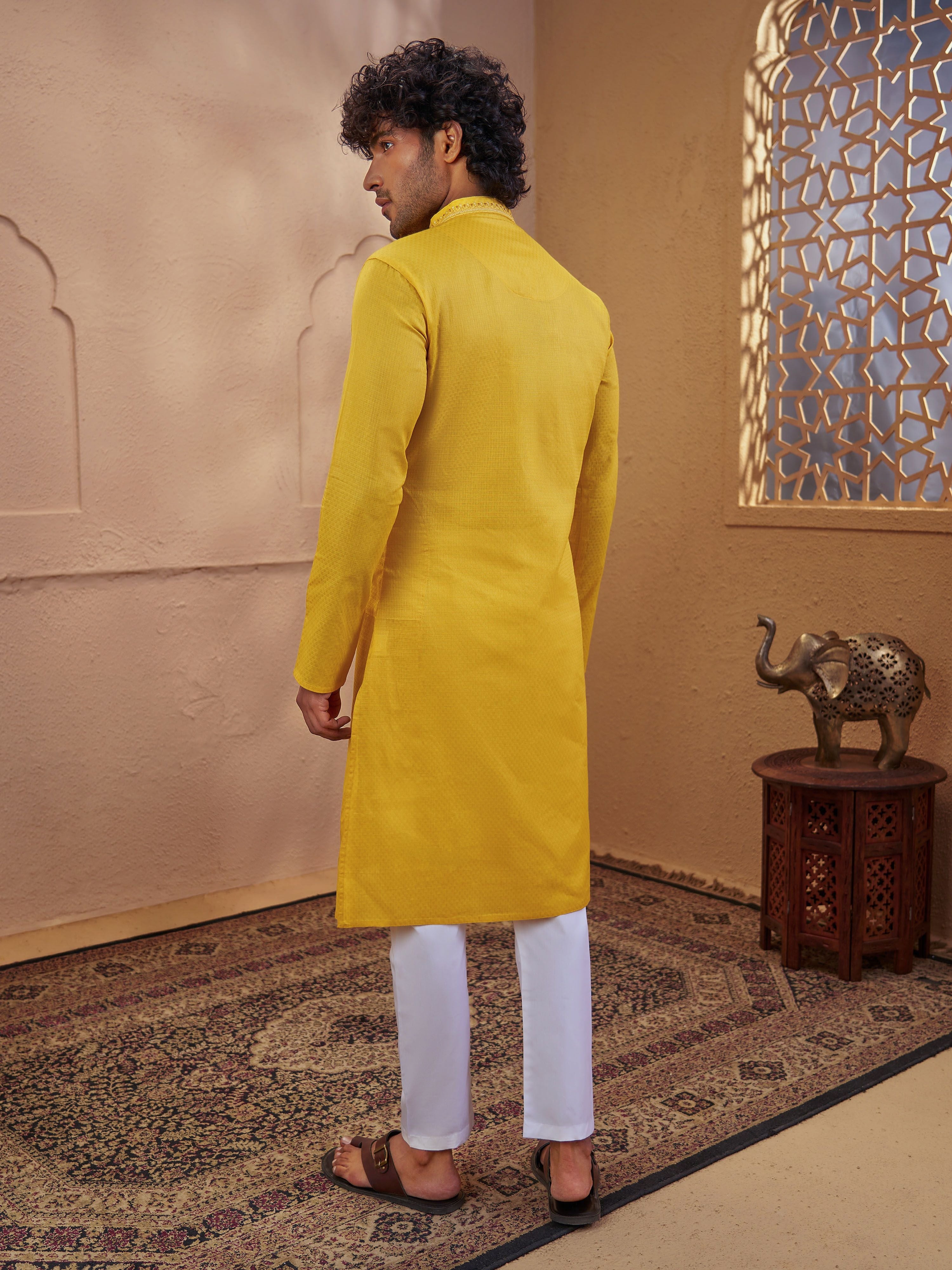 Men's Yellow Cotton-Blend Embroidered Thigh Length Kurta With Pyjama