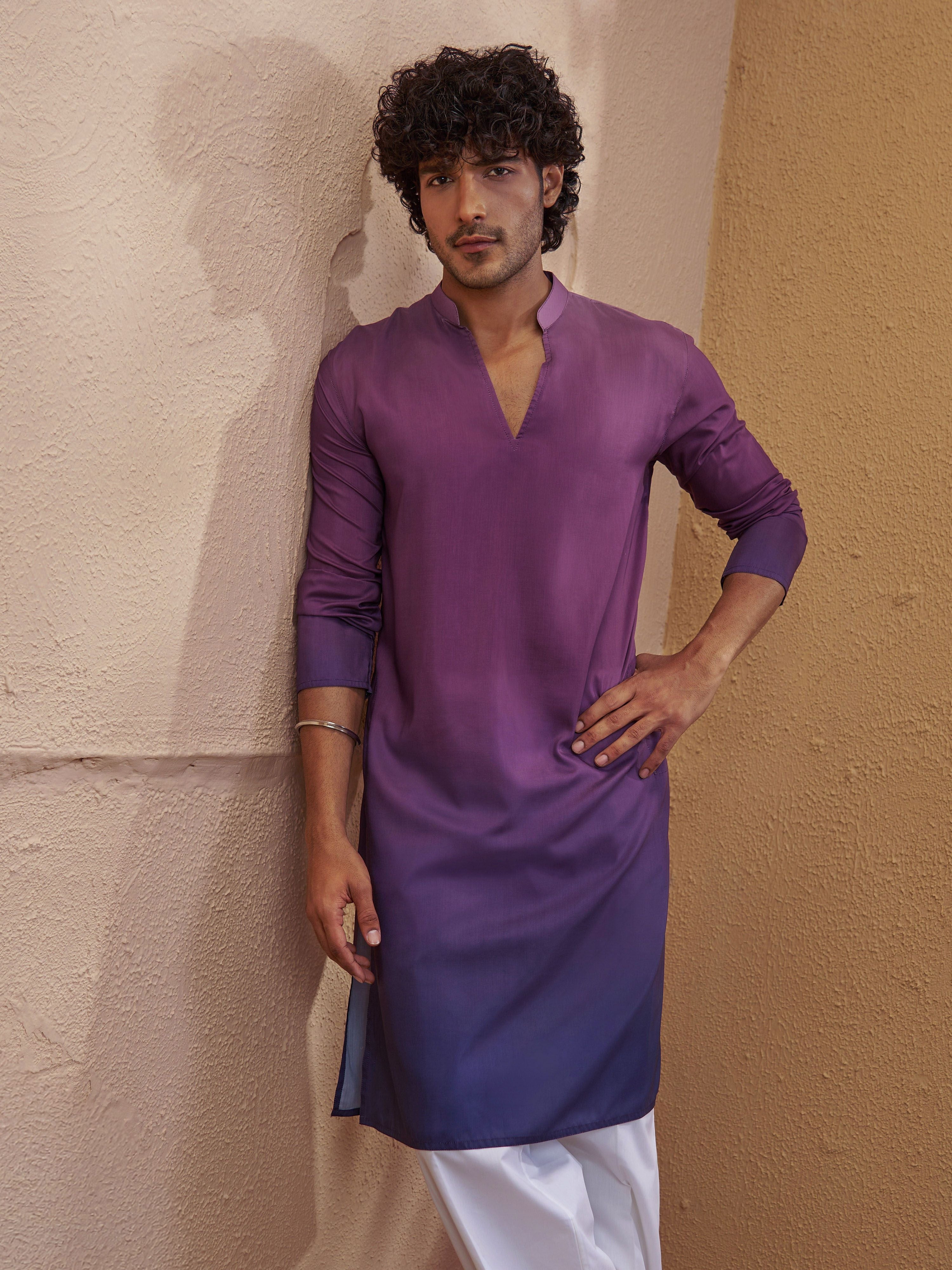 Men Purple Ombre Straight Fit Mandarin Collar Kurta